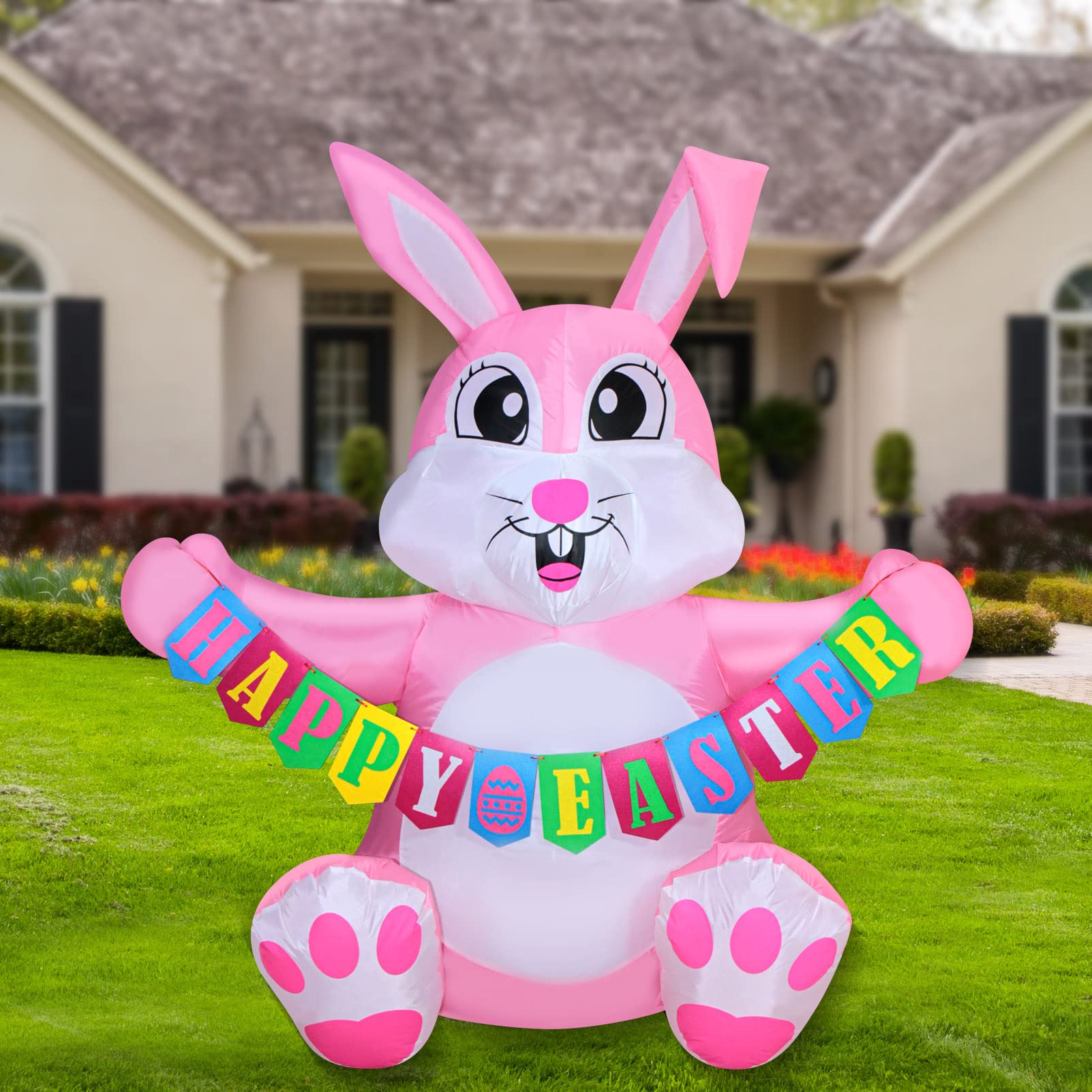 5FT Lighted Inflatable Pink Easter Bunny with Happy Easter Banner - Outdoor Yard Decoration with Built-in Blower & Anchor Ropes - Perfect for Easter Party, Garden Decor, Spring Festival, and Holiday Celebrations (04-Pink Bunny)