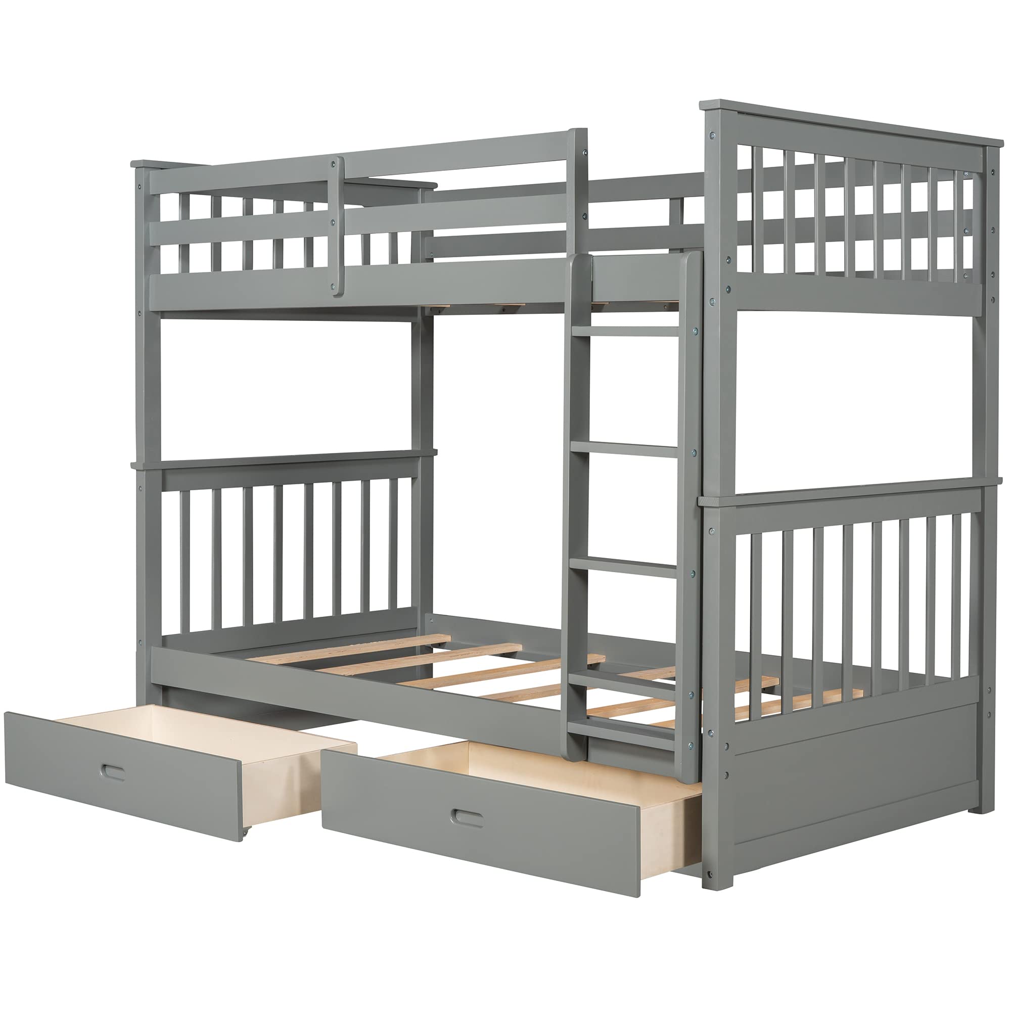 Merax Solid Wood Twin Over Twin Bunk Bed with Ladders & 2 Storage Drawers - Convertible Detachable Frame, Grey | Space-Saving Kids Bedroom Furniture for Shared Rooms & Sleepovers