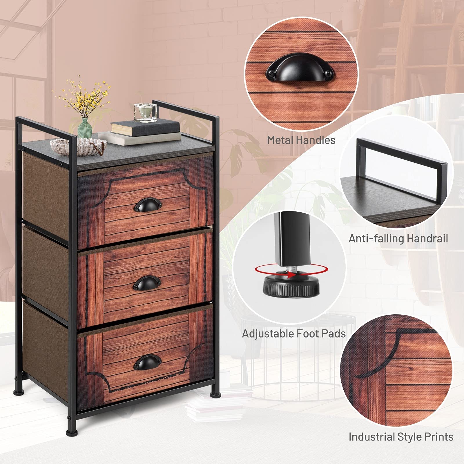 Safeplus 3-Drawer Fabric Dresser Storage Organizer - Sturdy Metal Frame with Wood Top & Easy-Pull Fabric Bins for Clothes, Toys, Bedroom & Nursery Organization | Space-Saving Closet Shelves for Home, Office & Dorm Room