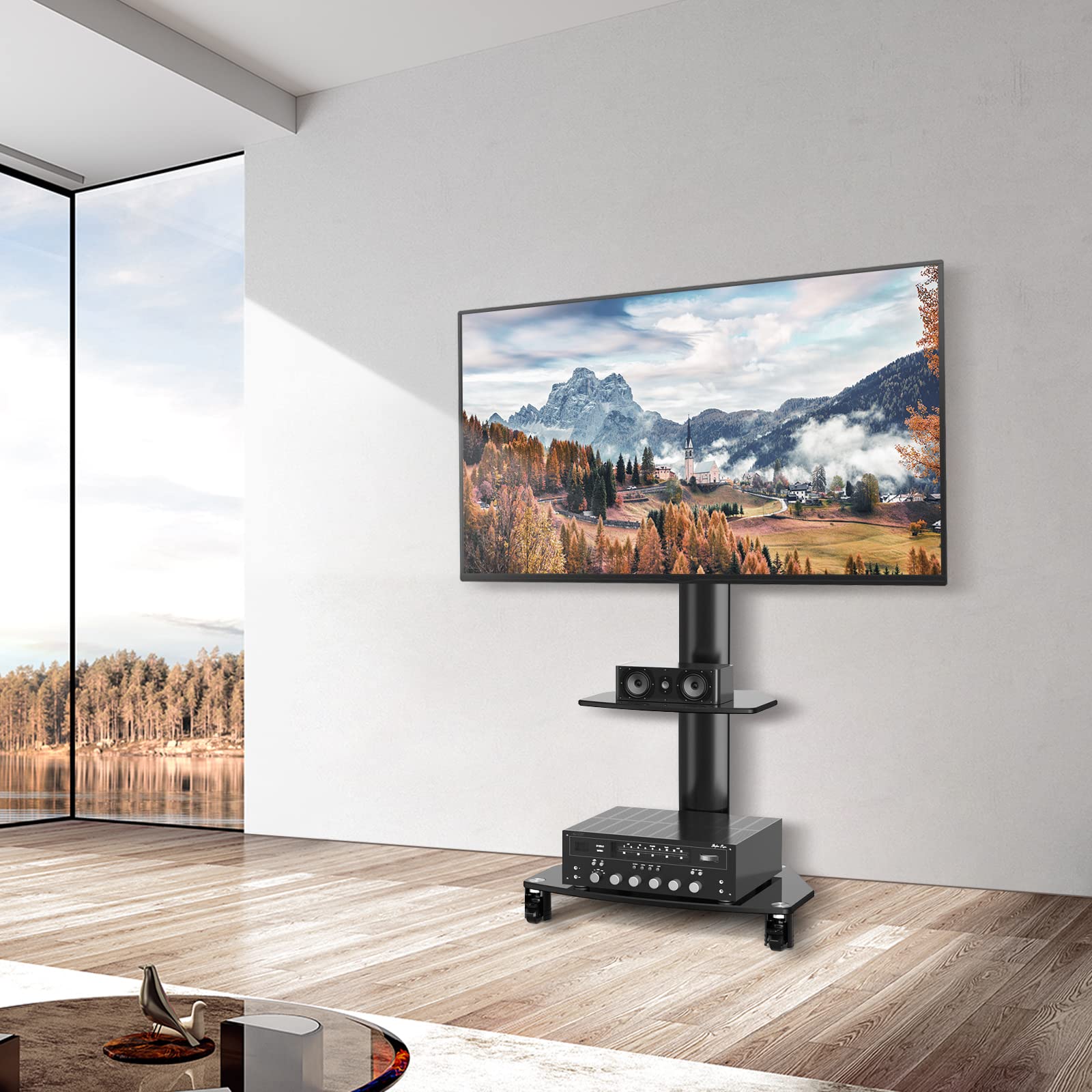 RFIVER Mobile TV Stand with Wheels - Adjustable Cantilever TV Trolley for 27-65 Inch Flat Screens (Max VESA 400x400mm, 50kg Capacity) - Sturdy TV Stand with Storage Shelves for Living Room, Bedroom & Office