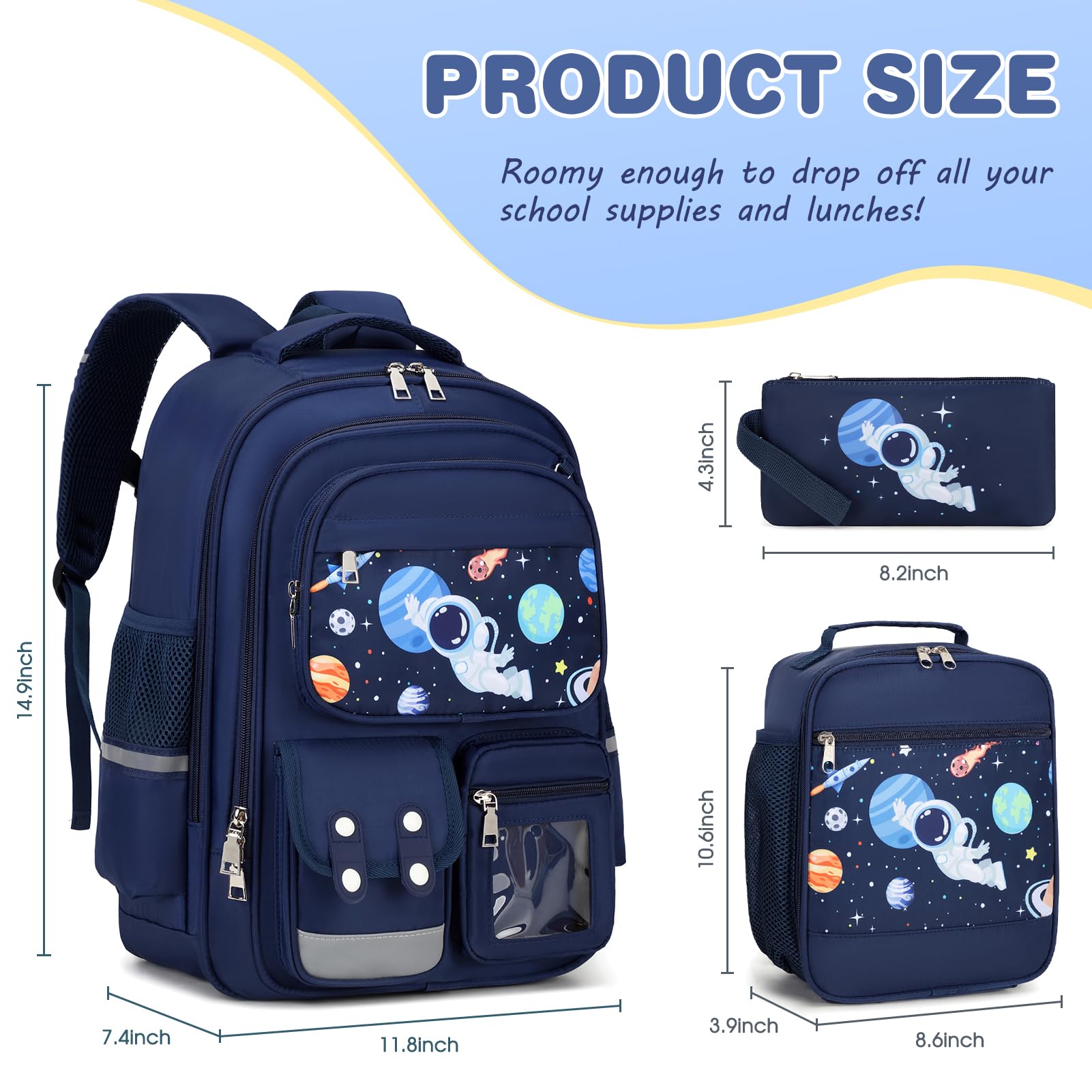 3PCS Boys Backpack Set with Lunch Box & Pencil Case - Space Astronaut Design for School & Travel