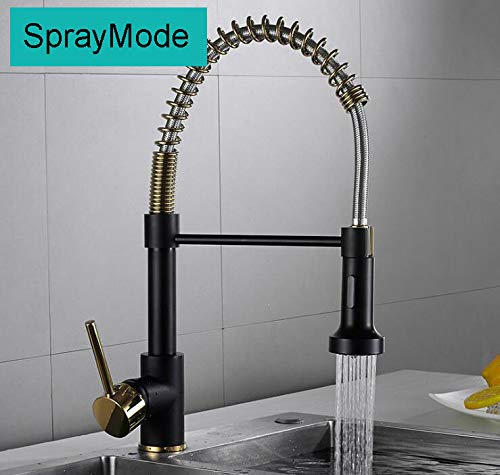 Premium Commercial Kitchen Faucet with Pull Down Sprayer - Single Handle Lever Spring Sink Faucet in Black & Gold Finish - Ideal for Restaurant, Cafe & Home Kitchen Renovation
