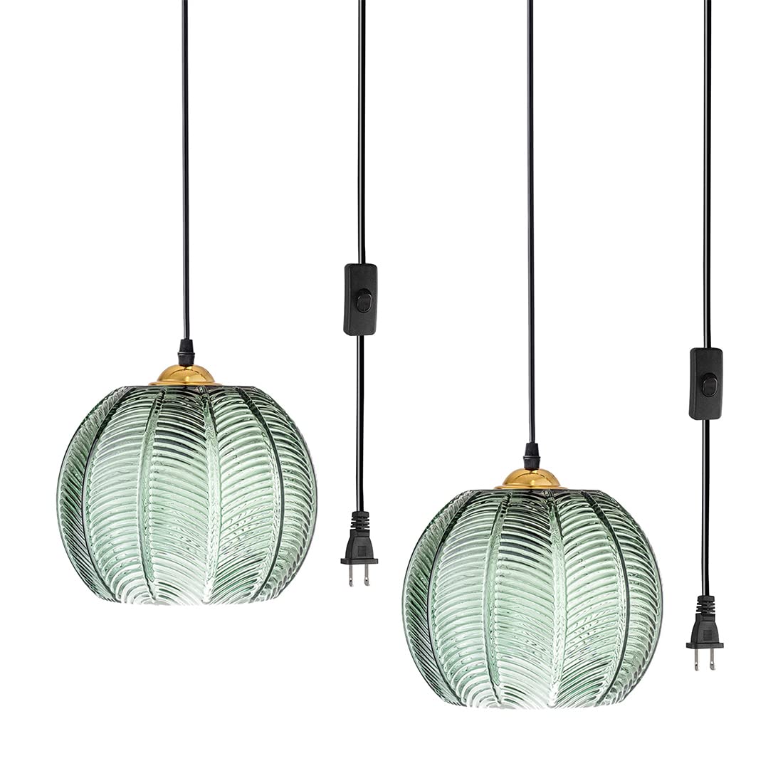 Modern Green Ribbed Glass Plug-in Pendant Light Set of 2 - Adjustable Hanging Chandelier with ON/Off Switch for Kitchen Island, Dining Room, Living Room & Bedroom - Perfect for Farmhouse, Industrial & Vintage Home Decor