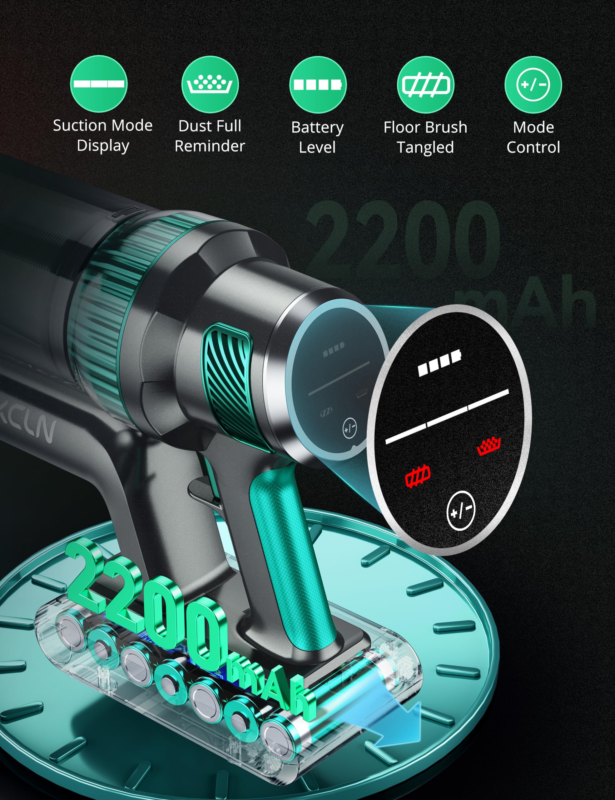 Powerful Cordless Stick Vacuum Cleaner - 250W 30Kpa Suction, 90000 RPM Motor, LED Display, 3 Cleaning Modes, 40 Min Runtime - Rechargeable Handheld Vacuum for Pet Hair, Hardwood Floors & Carpets (Green) | Perfect for Quick Cleanups & Deep Cleaning in Homes with Pets