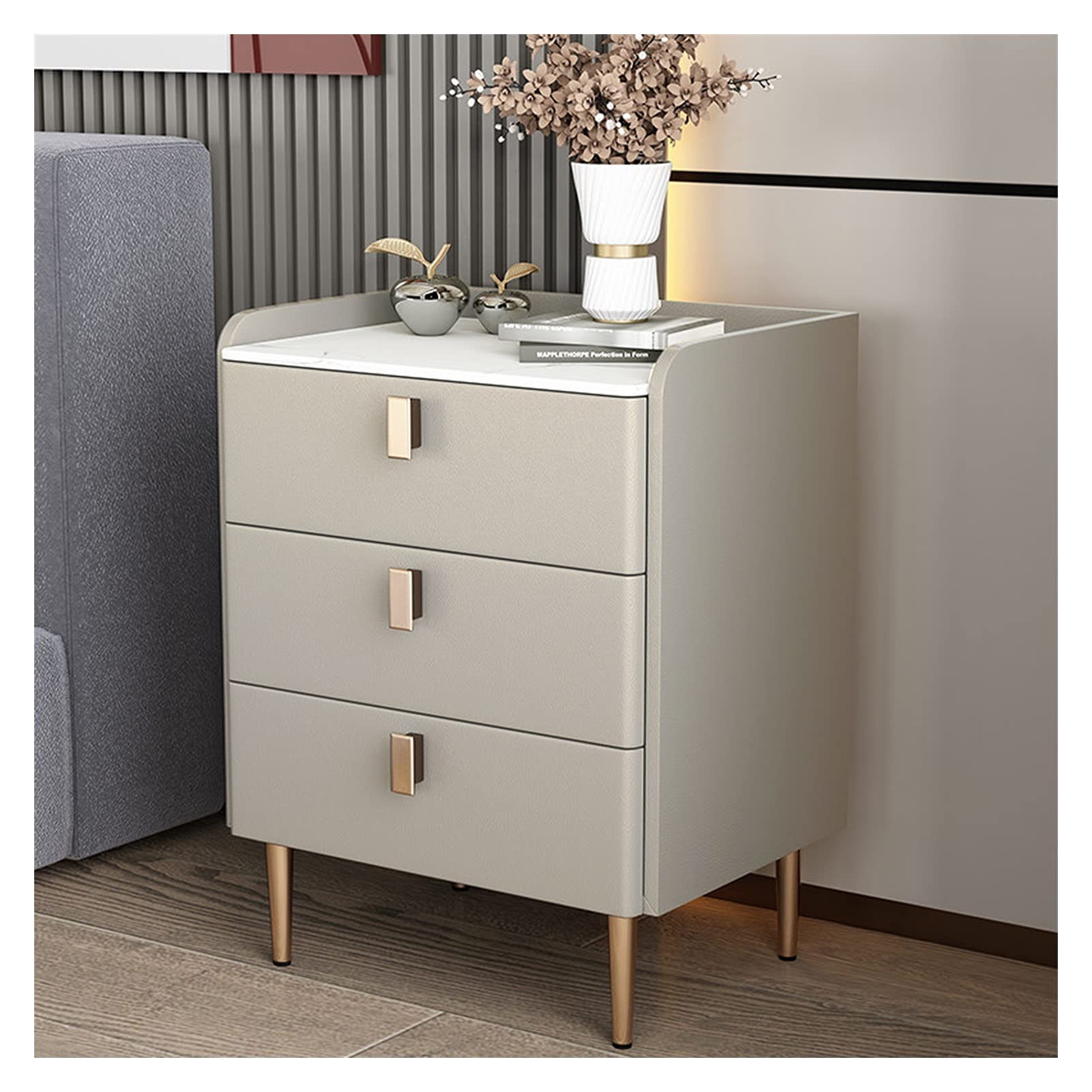 TOMYEUS Wooden Nightstand with 3-Tier Storage - Modern Bedside Table for Bedroom, Living Room & Office - Khaki Finish for Stylish Home Decor