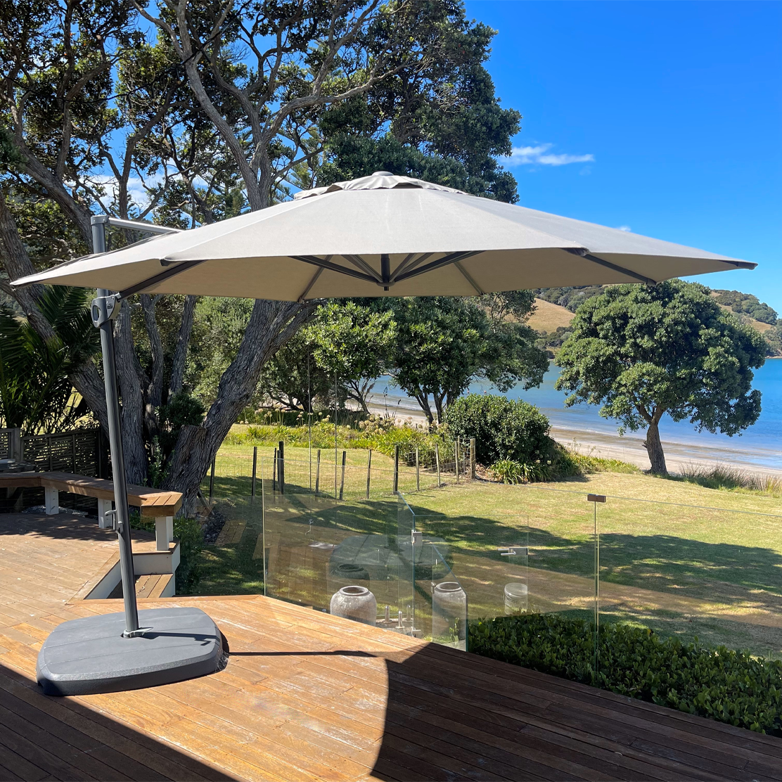 Shelta Navare Cantilever Umbrella - 10.8ft Octagonal Patio Umbrella with O'bravia™ Fabric in Platinum - Perfect for Poolside, Backyard, and Outdoor Dining Areas