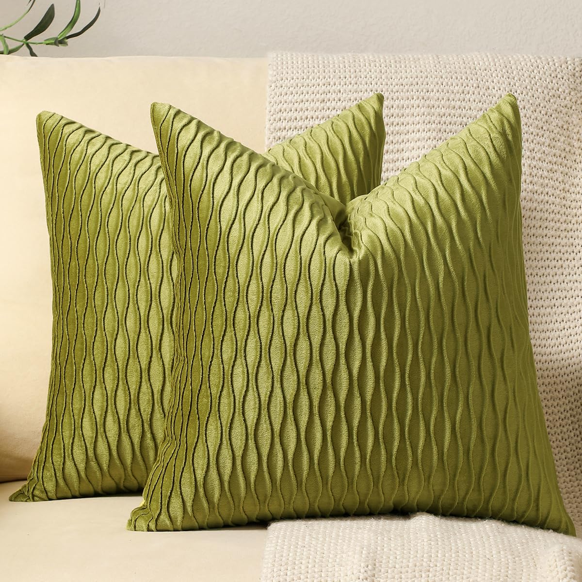 DEZENE 20x20 Inch Moss Green Velvet Throw Pillow Covers - 2 Pack Soft Striped Square Decorative Cushion Cases for Farmhouse Sofa, Couch, Bedroom & Living Room Decor