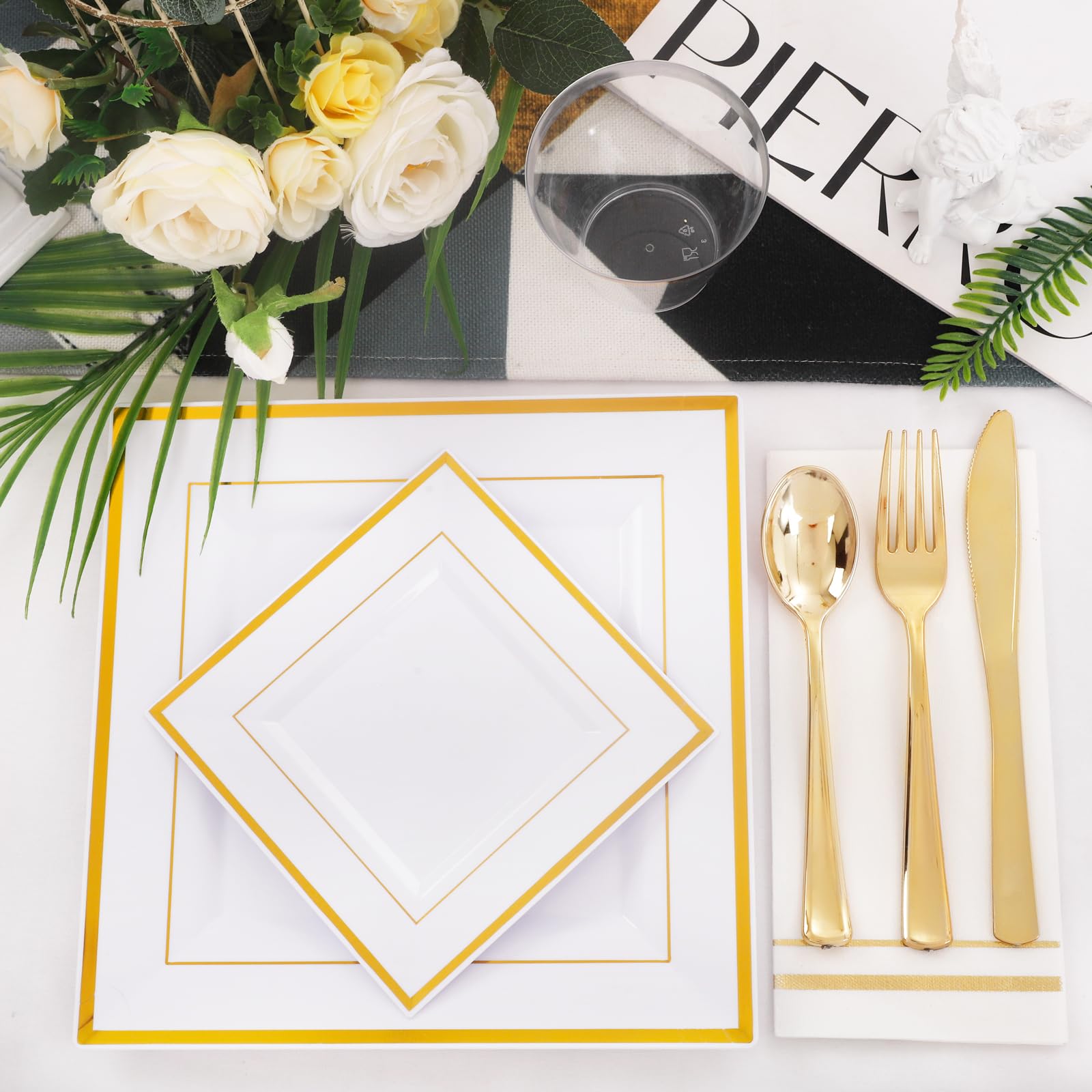 350Pcs Gold Plastic Party Plates Set - Disposable Square Gold Dinner Plates, Dessert Plates, Cups, Cutlery & Napkins for Wedding, Birthday, Anniversary Celebrations - Elegant Tableware for Special Occasions