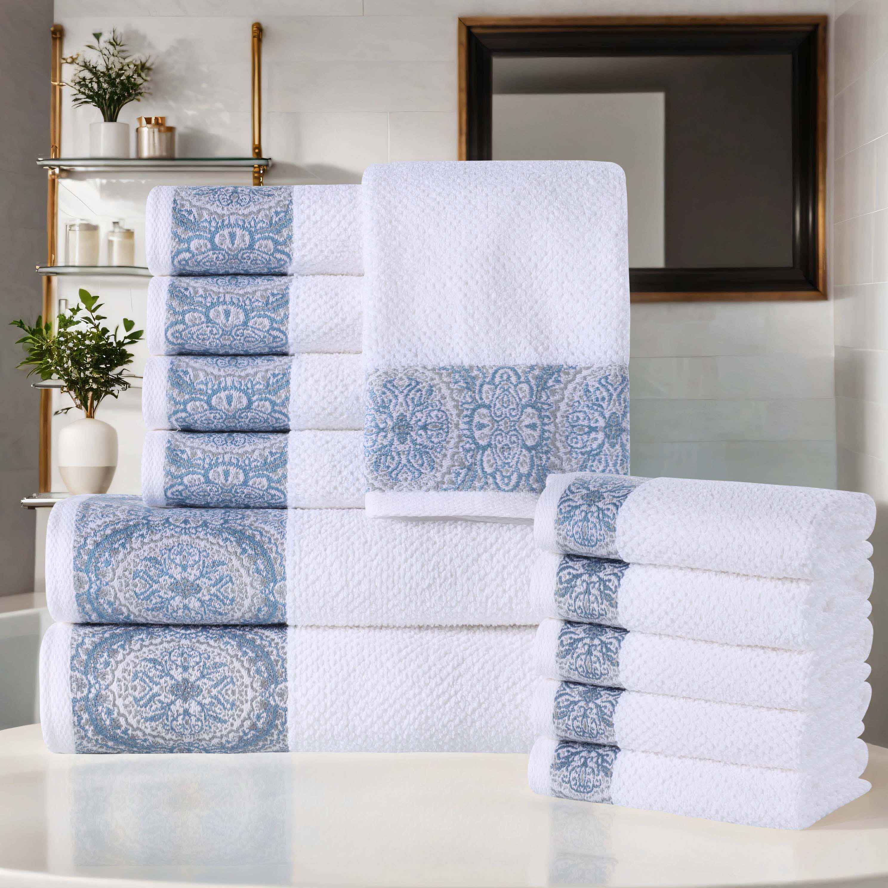 Premium 12-Piece Medallion Cotton Jacquard Towel Set - Soft, Absorbent & Luxurious Bath, Beach & Spa Towels for Home & Hotel Use