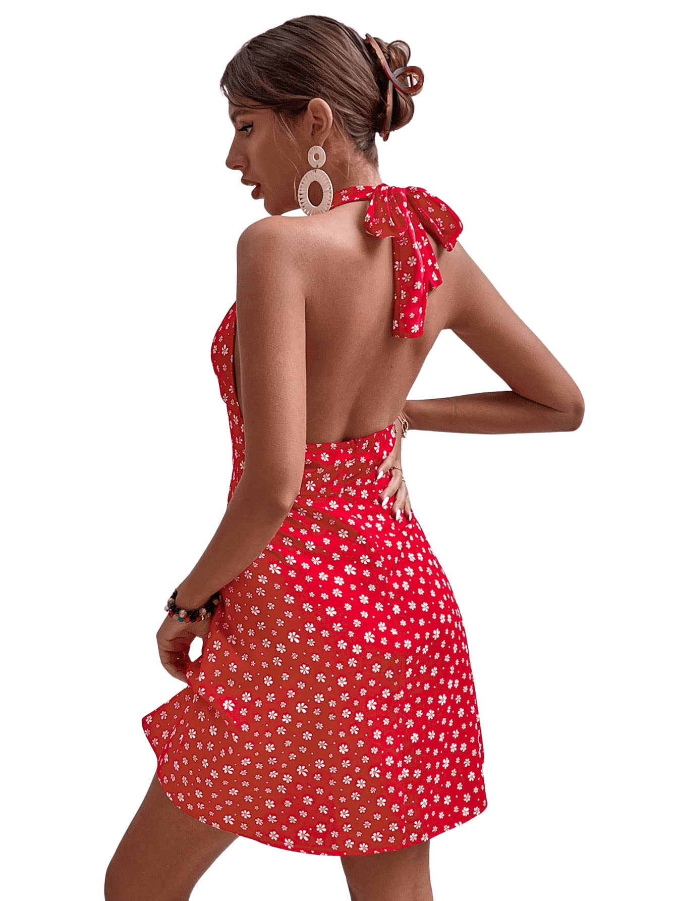 SweatyRocks Women's Floral Boho Halter Dress - Sleeveless Backless A-Line Mini Summer Dress for Beach, Party & Vacation