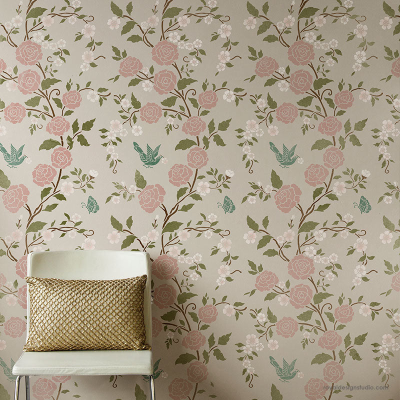 Meandering Rose Chinoiserie Wall Stencil - DIY Home Decor for Bedroom, Living Room & Nursery - Floral Pattern Painting Template for Walls and Furniture