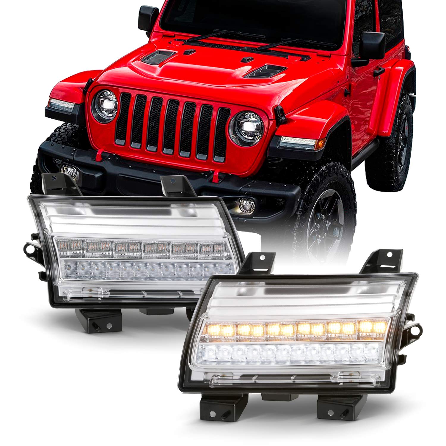 AKKON LED Sequential Turn Signal Lights for 2018-2023 Jeep Wrangler JL - Chrome Bumper Parking Lights Pair (Left+Right) - Upgrade Your Off-Road Style & Nighttime Visibility