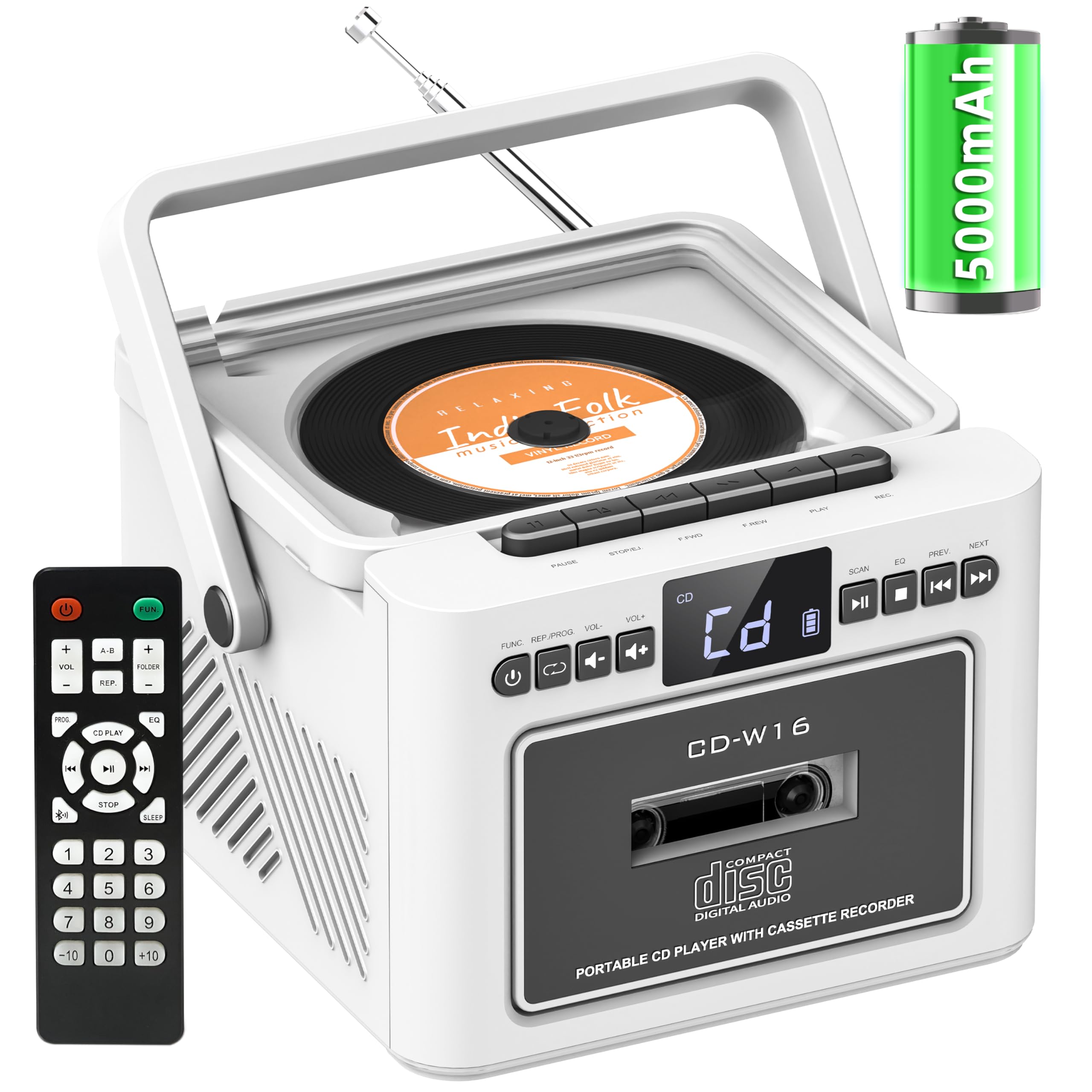 Portable Bluetooth Boombox CD Player with Speakers - CD Cassette Player Combo, 5000mAh Rechargeable Battery, Remote Control, Stereo HiFi System (Supports USB/AUX/Micro SD) - Perfect for Home, Office, and Outdoor Parties