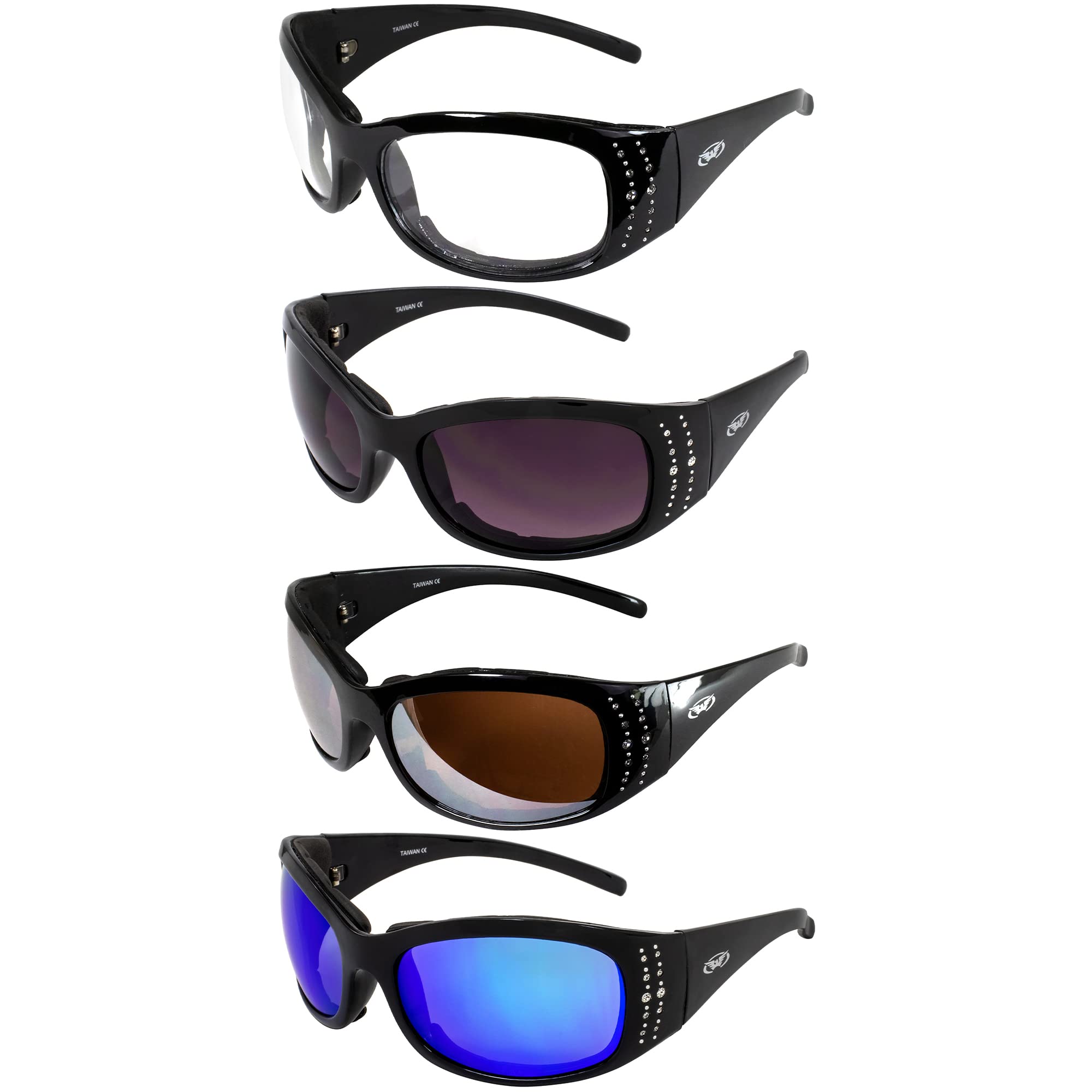 Global Vision Marilyn 2 Plus Padded Motorcycle Glasses for Women - 4 Pairs with Clear, Smoke, Driving Mirror & Blue Mirror Lenses - Perfect for Riding, Driving & Outdoor Sports