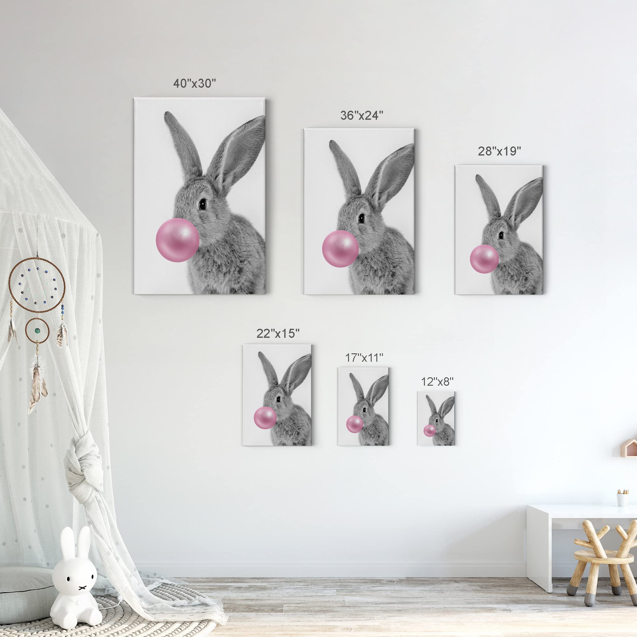 Smile Art Design Bunny Rabbit Canvas Print - Pink Bubble Gum Art, Black and White Wall Decor for Kids Room, Nursery, or Playroom - Stretched & Ready to Hang - Made in USA (40x30) - Perfect for Baby Showers, Birthday Gifts & Home Decoration