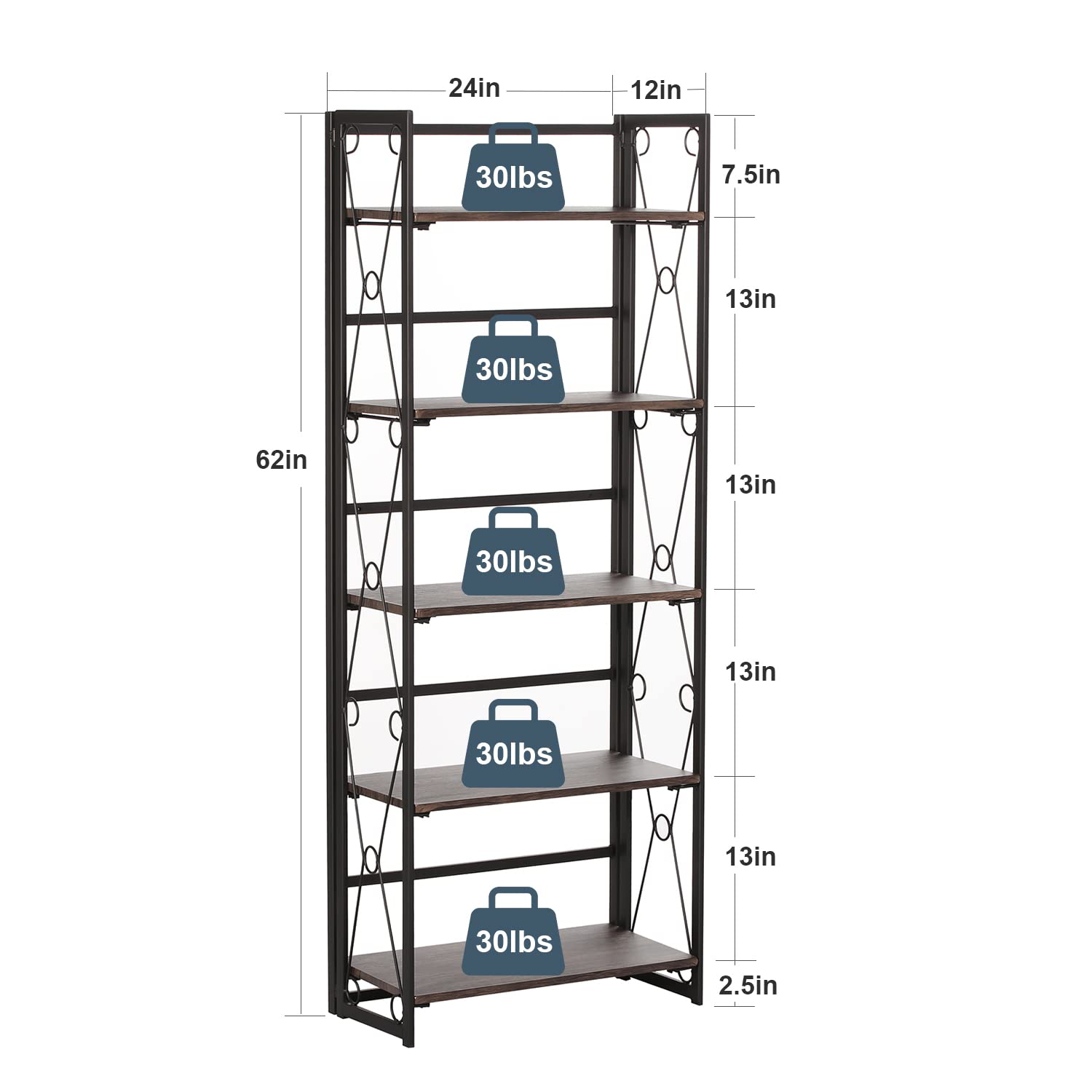 VECELO 5-Tier Folding Bookshelf - No Assembly Metal Bookcase, Industrial Freestanding Shelf Organizer for Living Room, Office, Bedroom & Kitchen - Perfect for Small Spaces & Home Storage Solutions