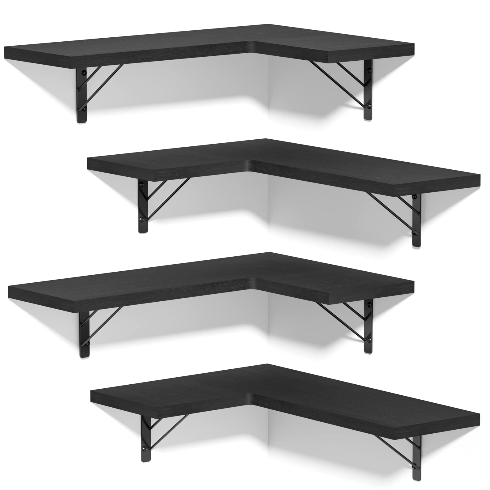 Love-KANKEI Floating Corner Shelf Set of 4 - Rustic Wall Mounted Storage Shelves for Bathroom, Kitchen, Bedroom & Living Room - Black Wooden Display Shelves for Home Decor & Organization