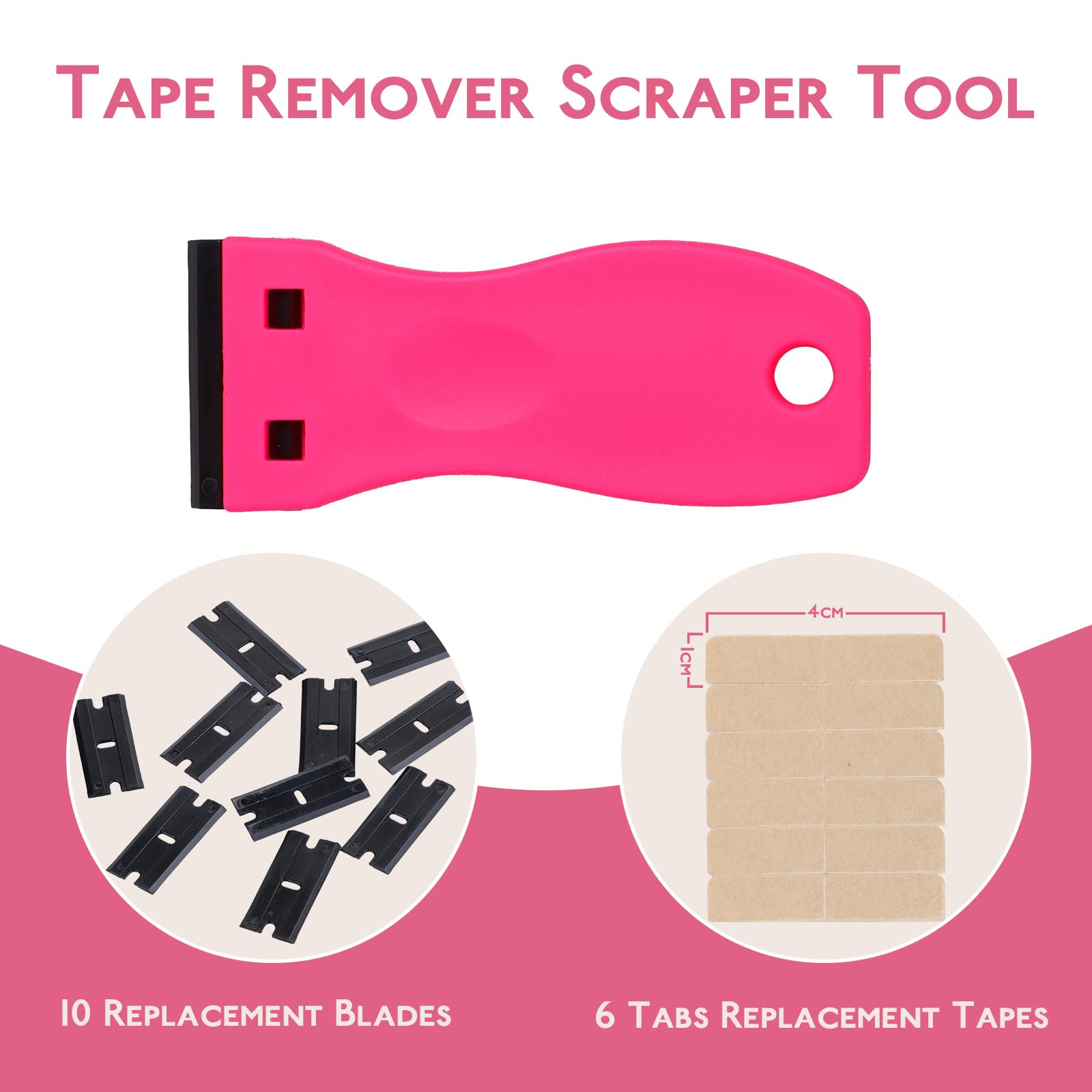 WENNALIFE Tape Remover Scraper Tool - 10 Replacement Blades & 6 Tape Tabs - Non-Scratch Adhesive Remover for Hair Extensions, Cleaning & DIY Projects - Plastic Razor Blade Scraper (Hot Pink)