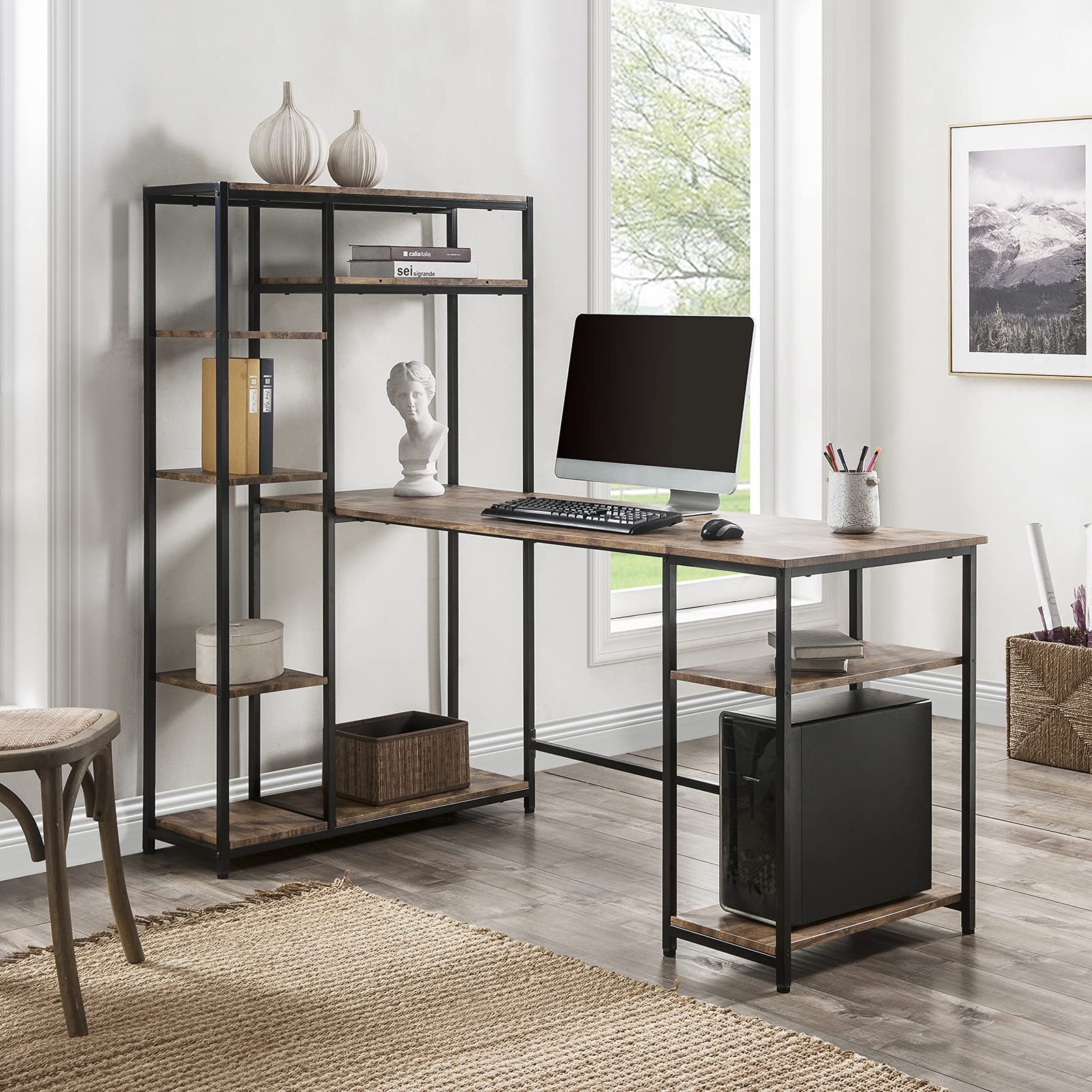Modern Simple Style Computer Desk with Bookshelf - Sturdy MDF Study & Writing Desk for Home Office - Durable Laptop PC Workstation with Good Load Capacity - Brown - Perfect for Small Spaces, Remote Work & Online Learning
