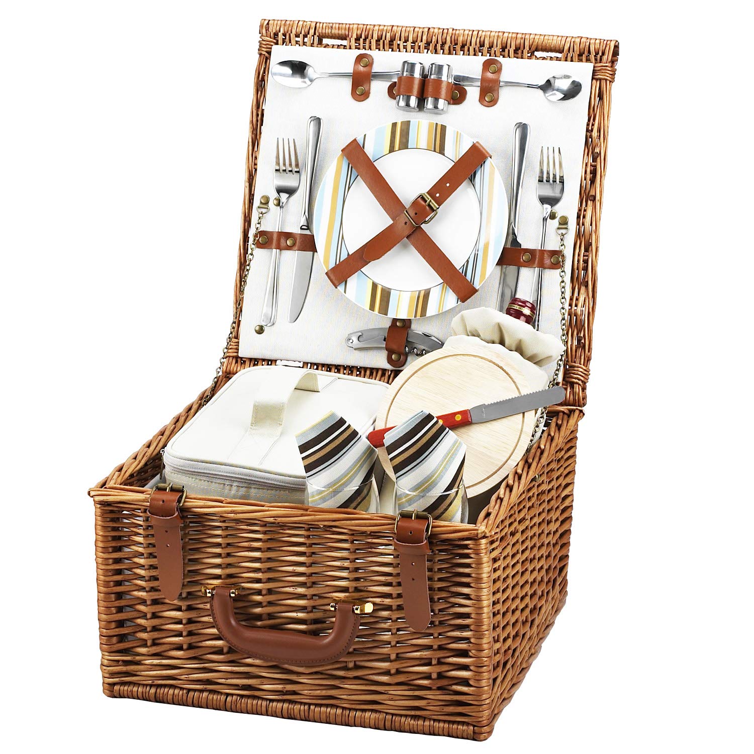 Premium Cheshire Picnic Basket for Two - Insulated Picnic Backpack with Green Stripes for Outdoor Adventures, Romantic Dates & Beach Picnics