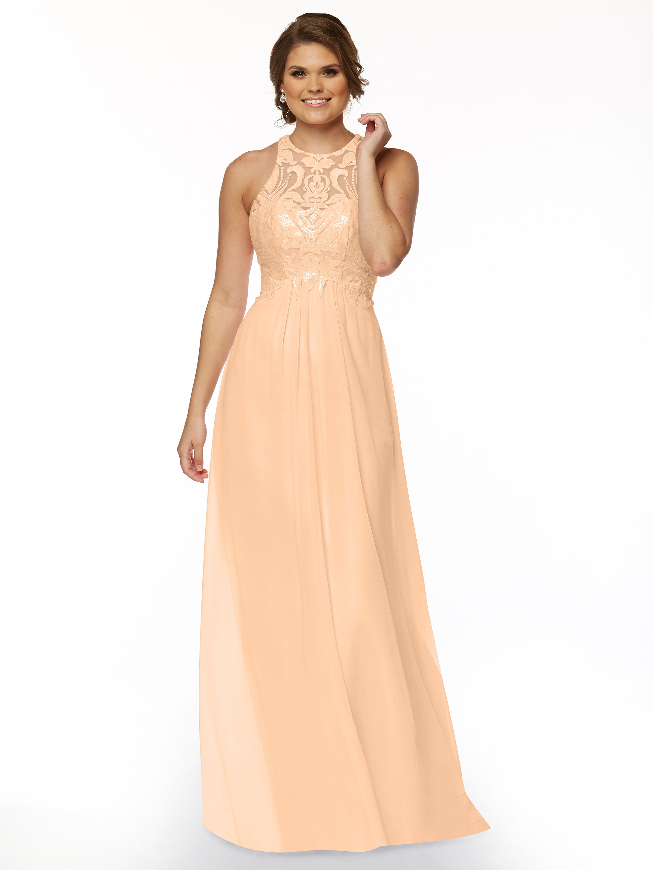 Elegant 80084 Chiffon A-Line Bridesmaid Dress with Sequin Halter Bodice - Perfect for Weddings, Parties & Formal Events