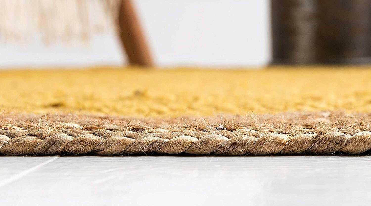 Handmade Natural Jute Round Farmhouse Rug - 8x8 Feet Braided Square Area Rug for Bedroom, Living Room, Kitchen | Indoor & Outdoor Use | Boho Home Decor, Cozy Floor Mat for Patio & Dining Area (Yellow)