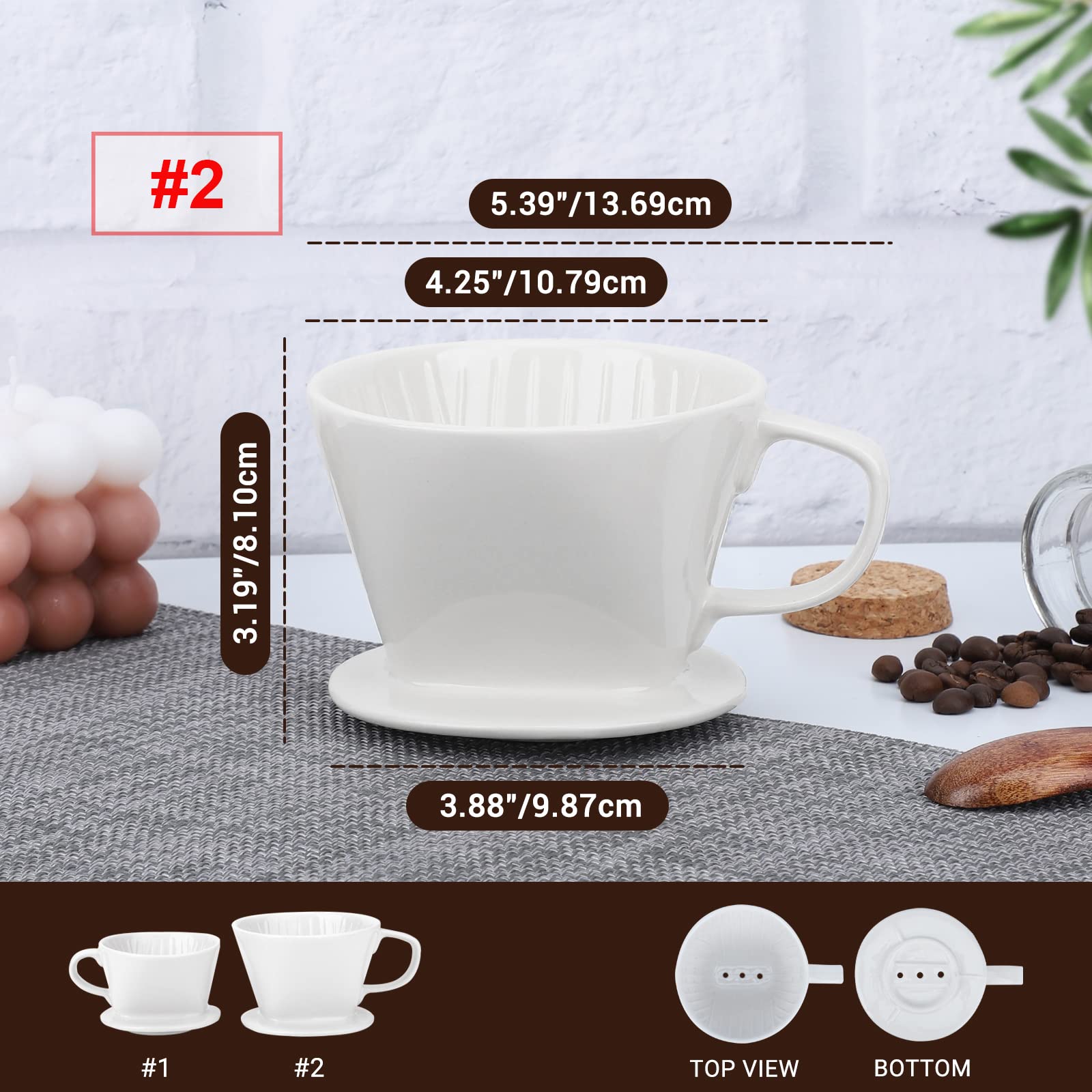 Segarty White Ceramic Pour Over Coffee Maker - No.2 Single Cup Drip Brewer with Reusable Filter, 3-Hole Flat Bottom Design for Home, Office, Camping & Travel | Perfect Slow Brew Coffee Dripper for Specialty Coffee Lovers