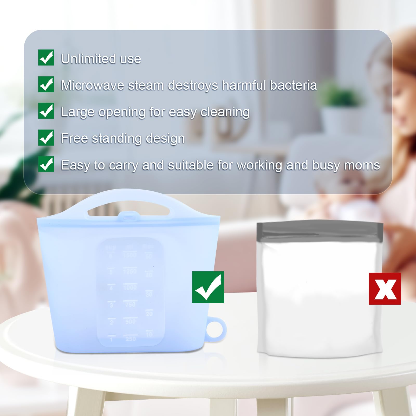 1.5L Reusable Microwave Sterilizer Bags for Baby Bottles, Pacifiers & Breast Pump Parts - BPA-Free Silicone Sterilization Pouches for Home & Travel Use (Blue) | Perfect for Busy Moms & On-The-Go Sterilization