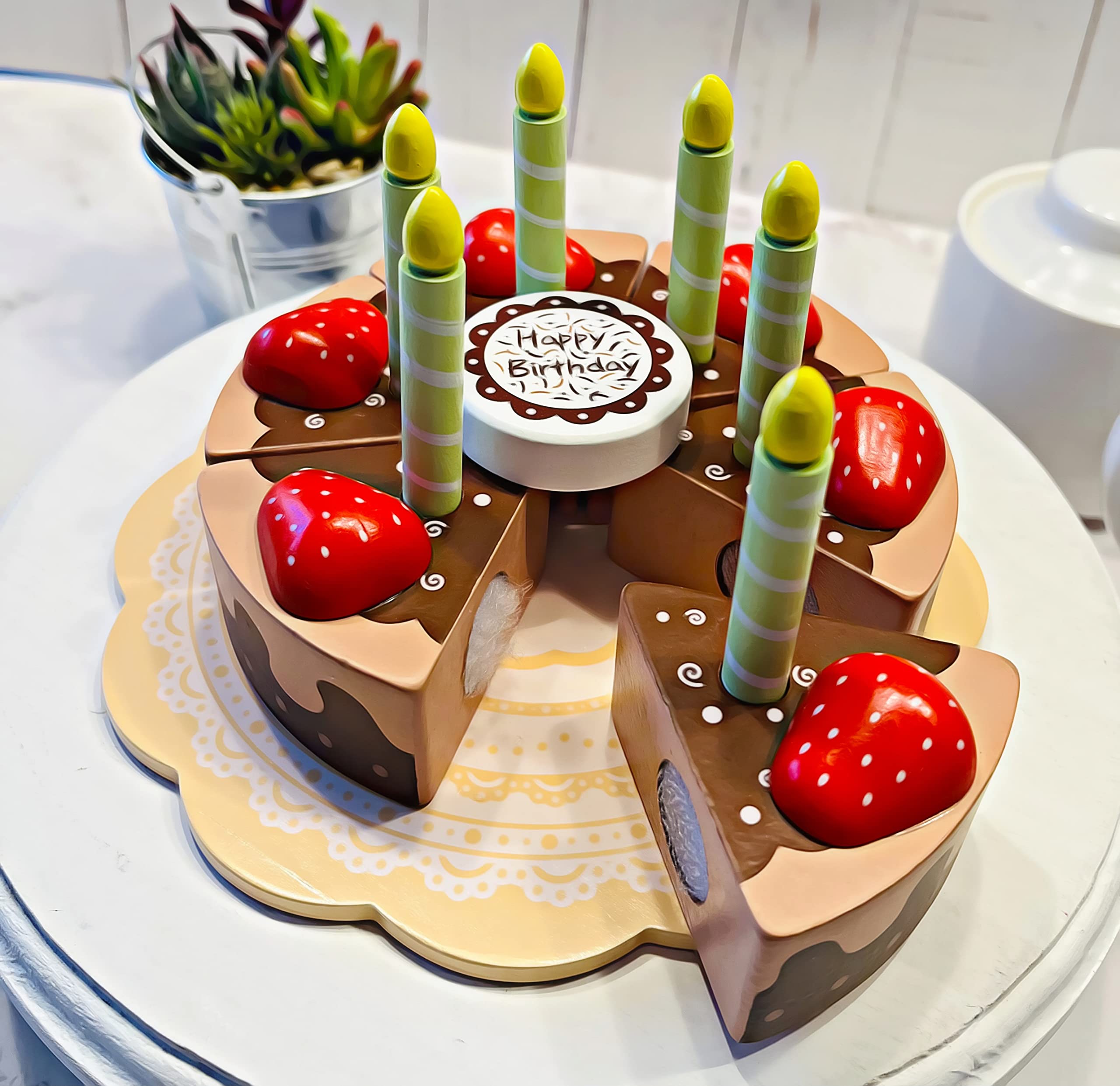 Artificial Chocolate Strawberry Fake Cake - Wooden Birthday Decoration for Parties, Weddings & Home Decor