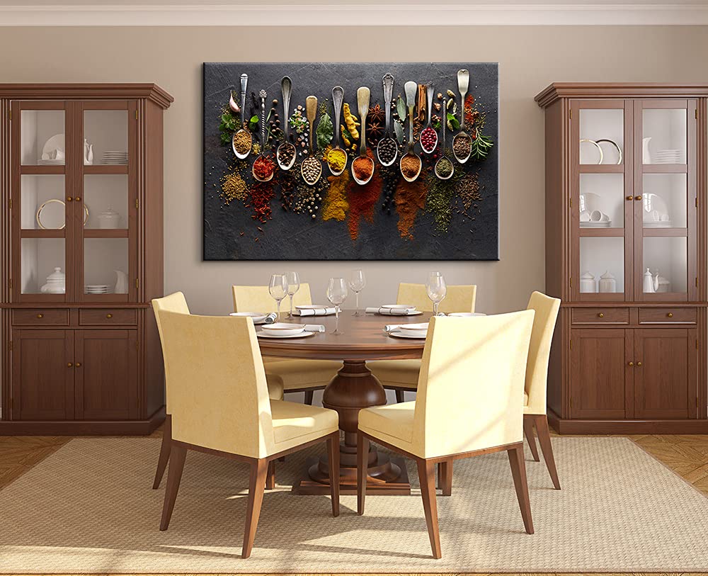 Vibrant Spices & Spoon Canvas Print - Kitchen Wall Art Decor for Dining Room, Framed Food Art (28''Hx40''W) - Perfect for Farmhouse, Modern & Rustic Kitchen Decor
