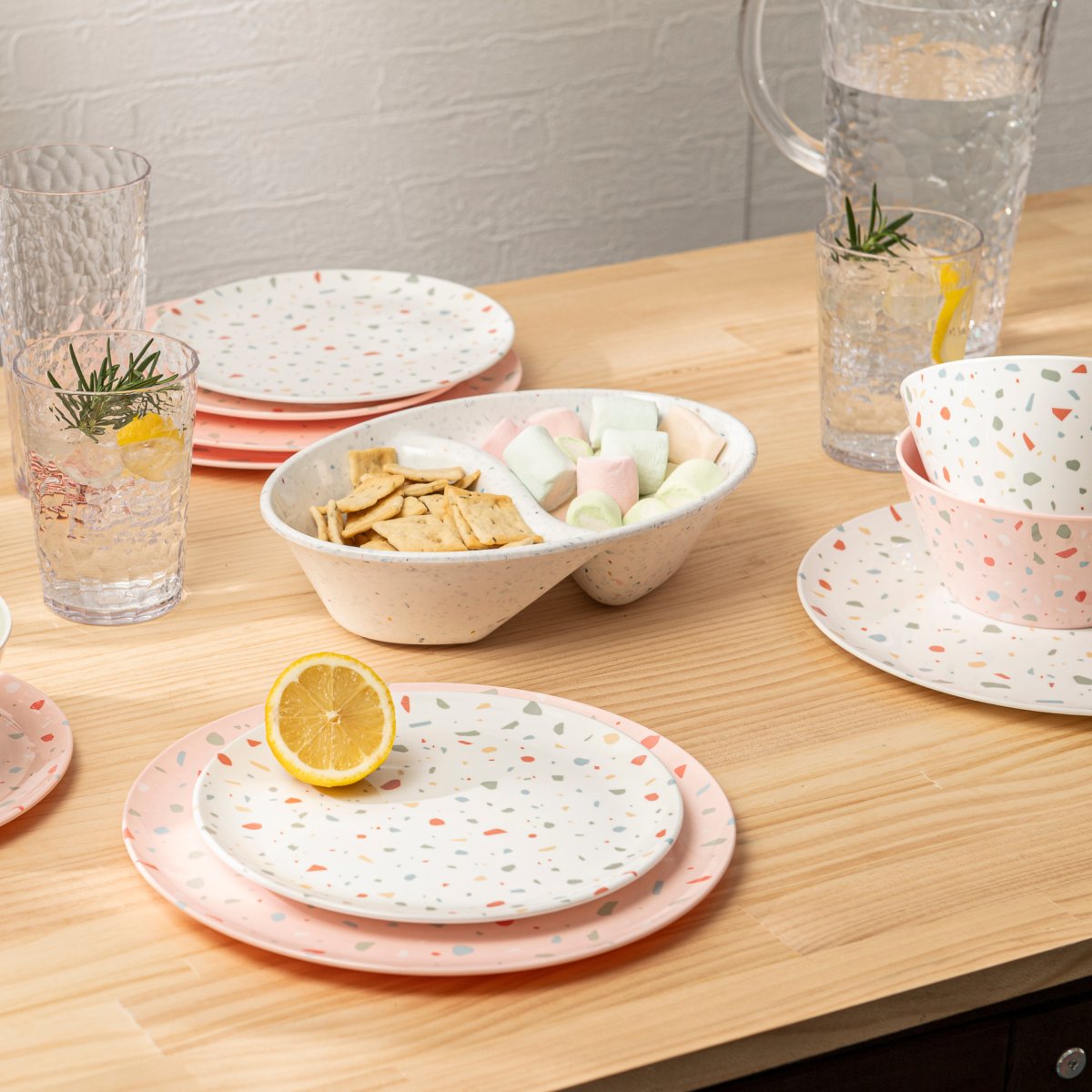12-Piece Outdoor Dinnerware Set - Durable White Confetti Melamine Plates & Bowls for Picnics, BBQs, and Pool Parties - Shatterproof Dishware for Outdoor Dining