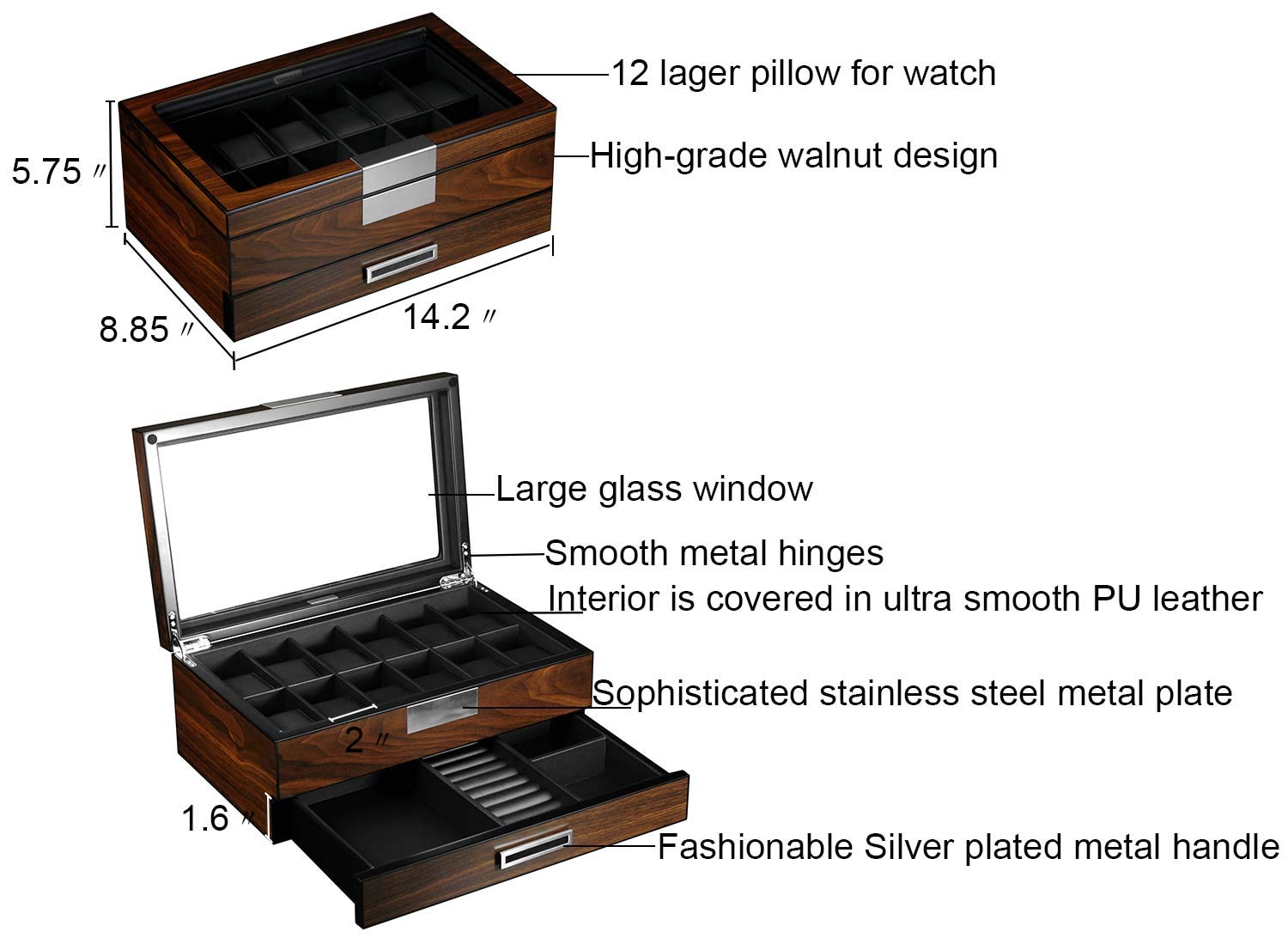Premium Wooden Watch Box for Men - 12 Slot Watch Display Case with Valet Drawer & Glass Top - Luxury Watch Organizer for Jewelry & Accessories - Perfect for Home, Office & Travel Storage