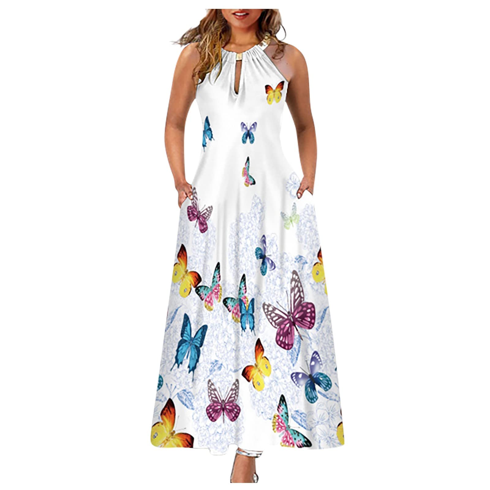 **Plus Size Women's Halter Button Print Sun Dress - Casual Summer Short Sleeve Flowy Dress for Beach, Vacation & Outdoor Activities**