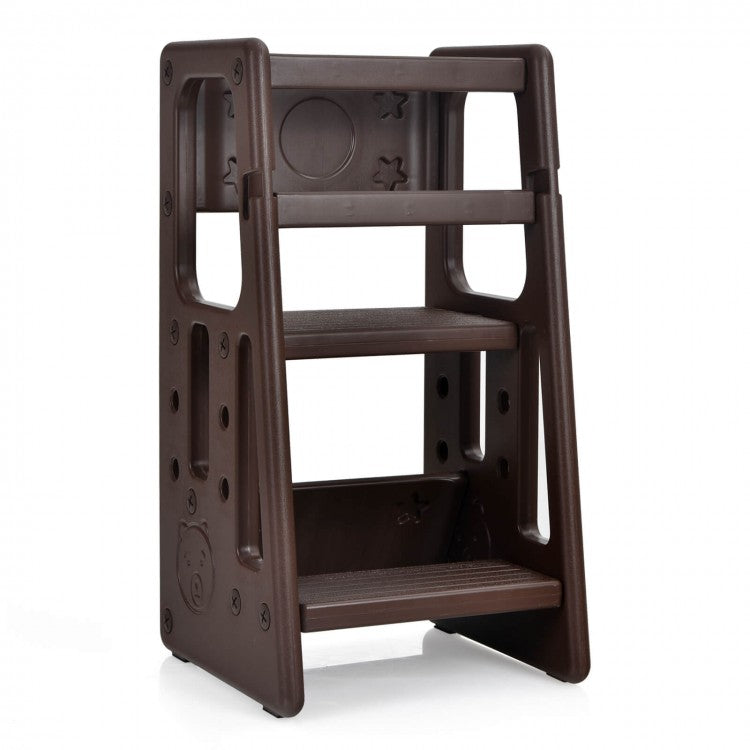 Safe & Sturdy Kids Kitchen Step Stool with Double Safety Rails - Non-Slip Brown Toddler Helper for Cooking, Baking & Bathroom Sink Access