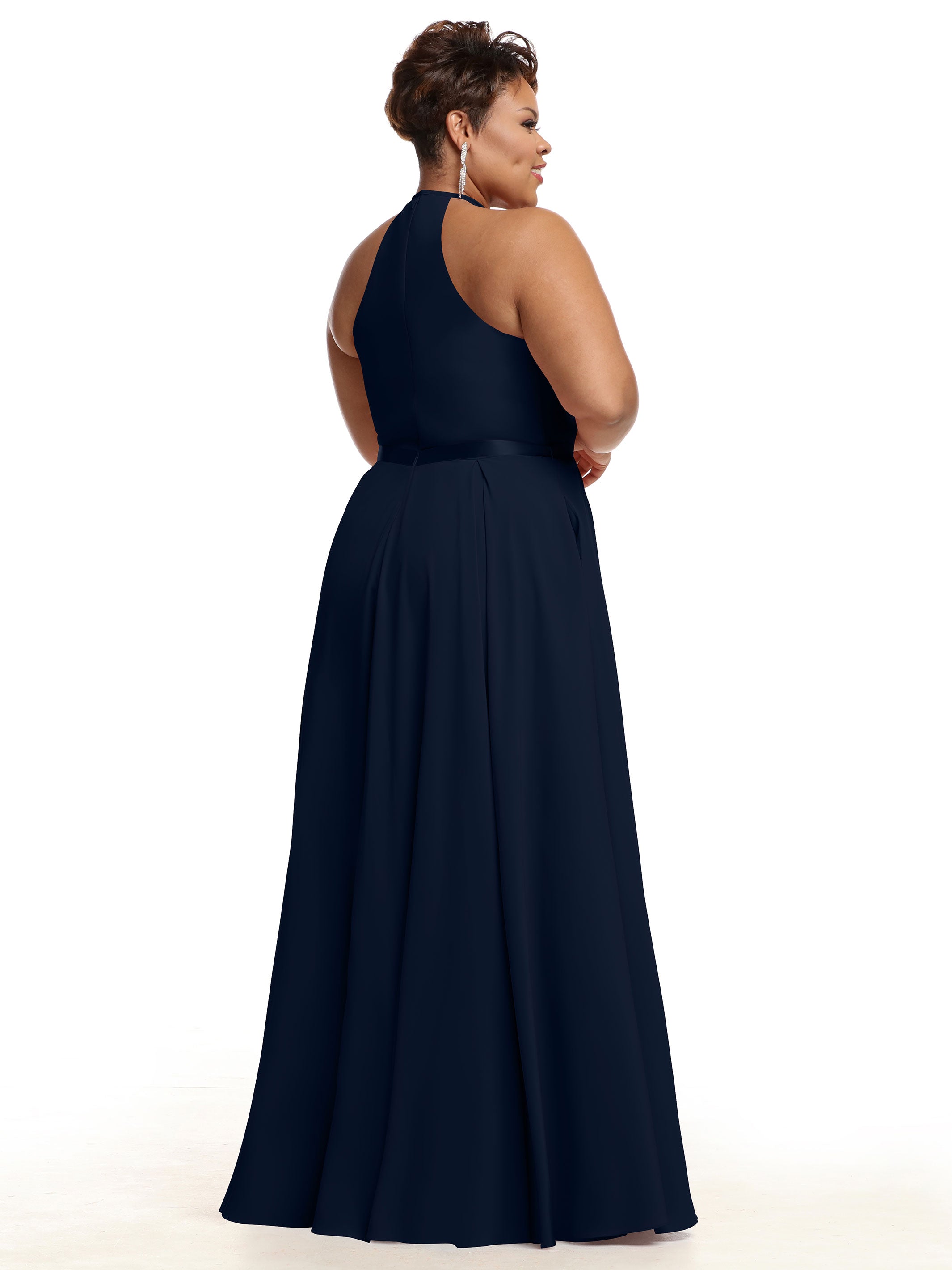 Elegant A-Line Stretch Chiffon Bridesmaid Dress with Halter Neckline & Adjustable Waist Belt - Perfect for Weddings, Formal Events & Special Occasions