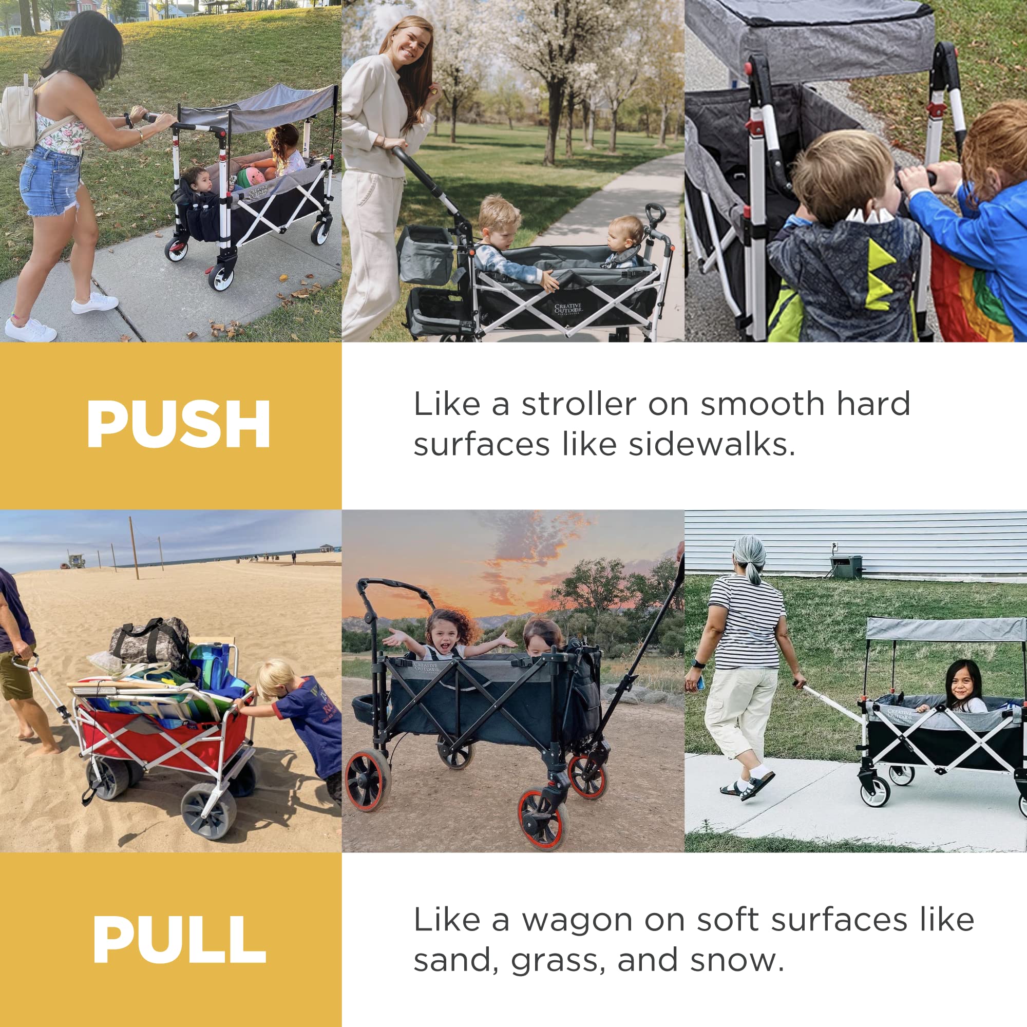 Ultra Compact Folding Stroller Wagon with Canopy - Lightweight Push Pull Design for Kids & Pets - Supports 150lbs - Perfect for Camping, Beach, Park & Sporting Events (Brown/Tan) - Ideal for Family Outings, Picnics & Outdoor Adventures