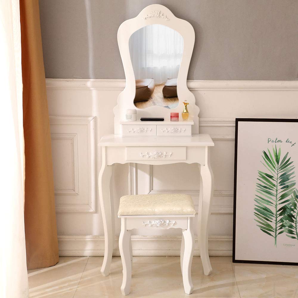 Vanity Set with Mirror - Makeup Dressing Table Desk with Cushioned Stool & 3 Drawers, Elegant Bedroom Furniture for Women | Perfect for Makeup Application, Dressing Area & Home Decor