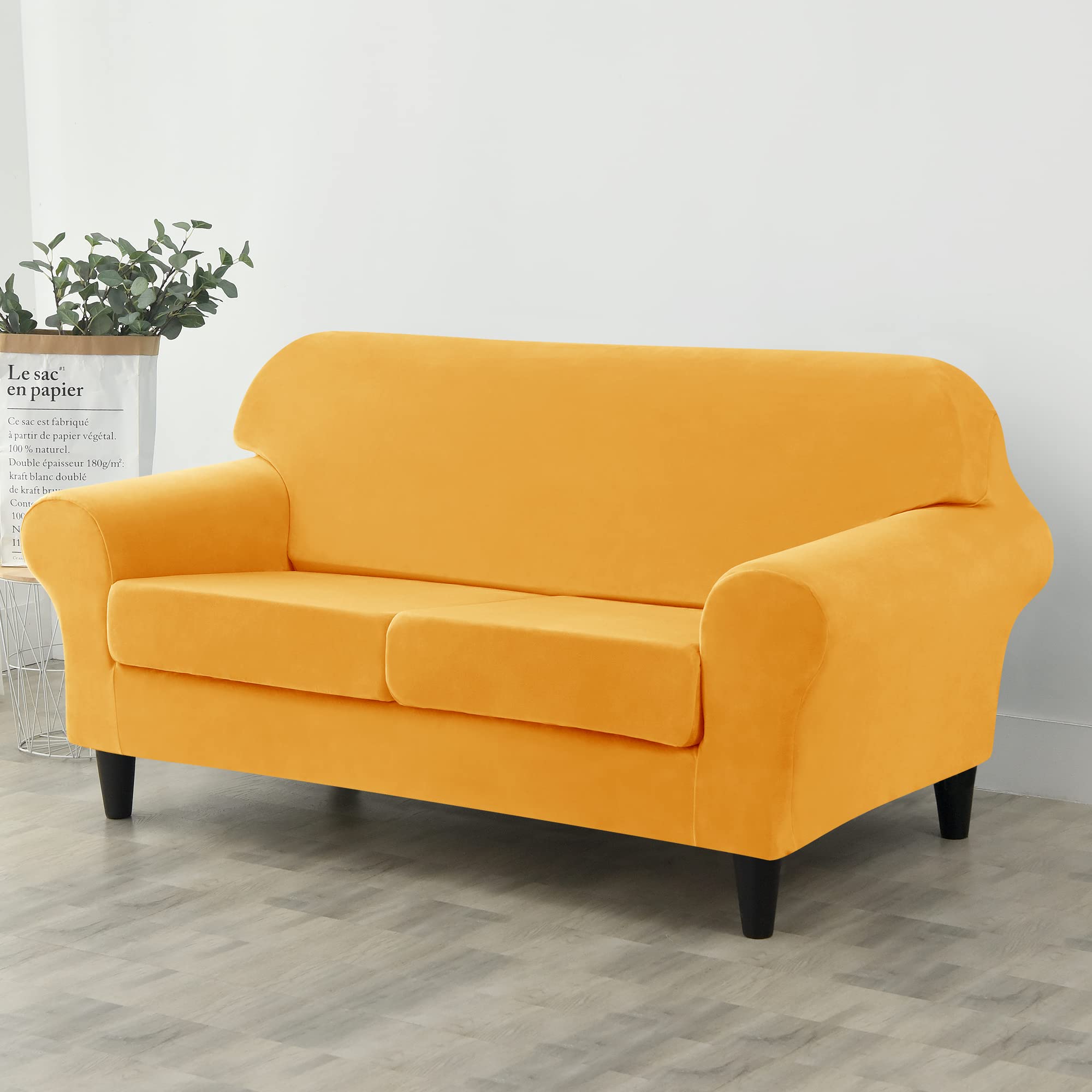 Ultra Soft Velvet Stretch Sofa Slipcover - Furniture Protector for Pets & Kids, Gold Medium Size | Perfect for Living Room, Family Room & Pet-Friendly Homes