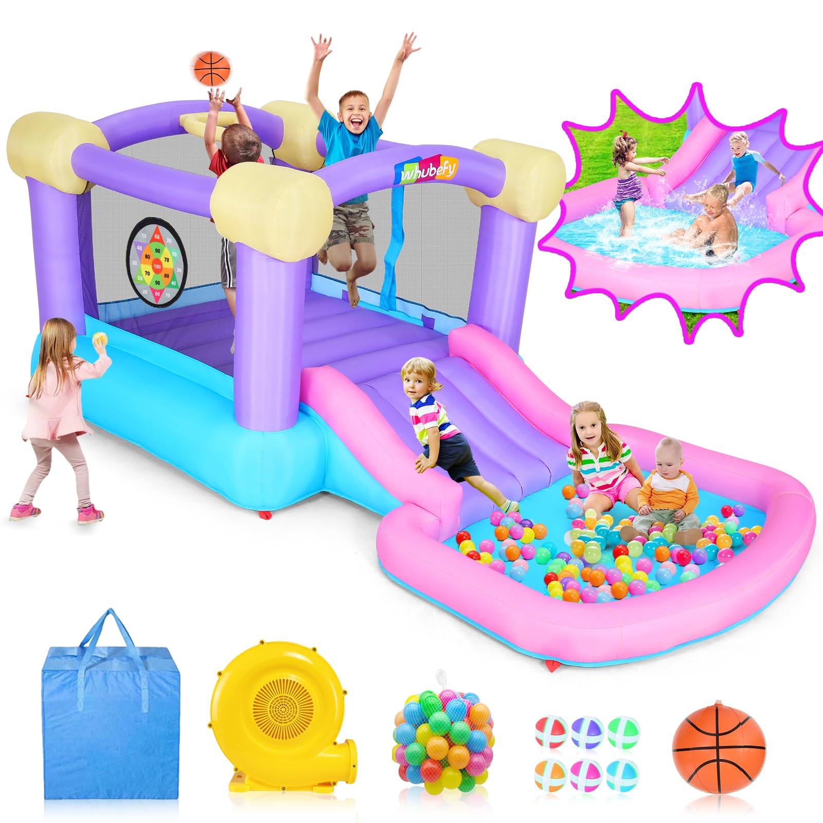 Inflatable Bounce House for Kids 3-6 Years - Pink Jumping Castle with Ball Pit, Slide & 470W Blower | Includes 50 Ocean Balls & 6 Sticky Darts | Indoor/Outdoor Toddler Playhouse for Birthday Parties, Backyard Fun & Girls' Gift Ideas