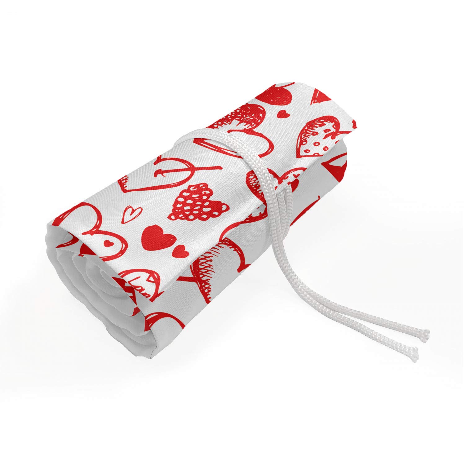 Ambesonne Valentines Roll Up Pencil Holder - 36 Loop Red & White Heart Pattern Artist Case for Drawing Pencils | Perfect Gift for Artists, Students & Office Use | Valentine's Day, School & Craft Supplies Organization
