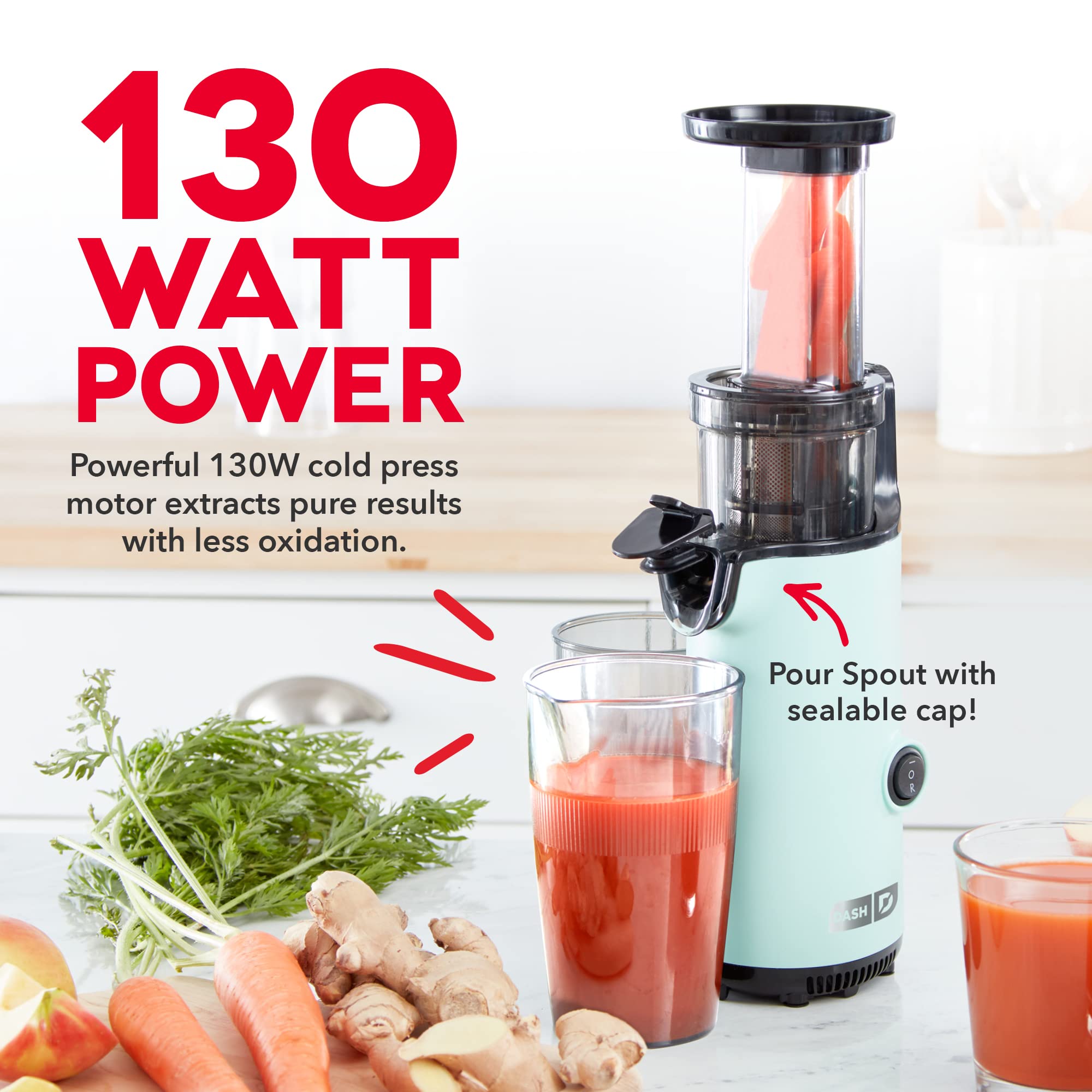 DASH Deluxe Compact Masticating Slow Juicer - Easy to Clean Cold Press Juicer with Brush, Pulp Cup & Frozen Attachment - Healthy Juice Recipes - Aqua Blue - Perfect for Home, Office & Healthy Lifestyle