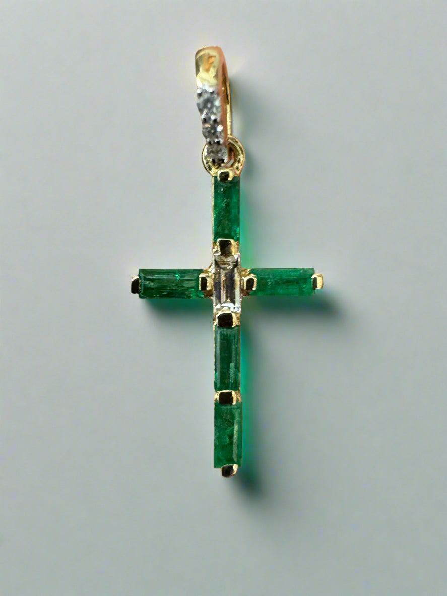 14K Gold Emerald Cross Pendant with Baguette & Round Diamonds - Elegant Religious Jewelry for Baptism, First Communion & Special Occasions