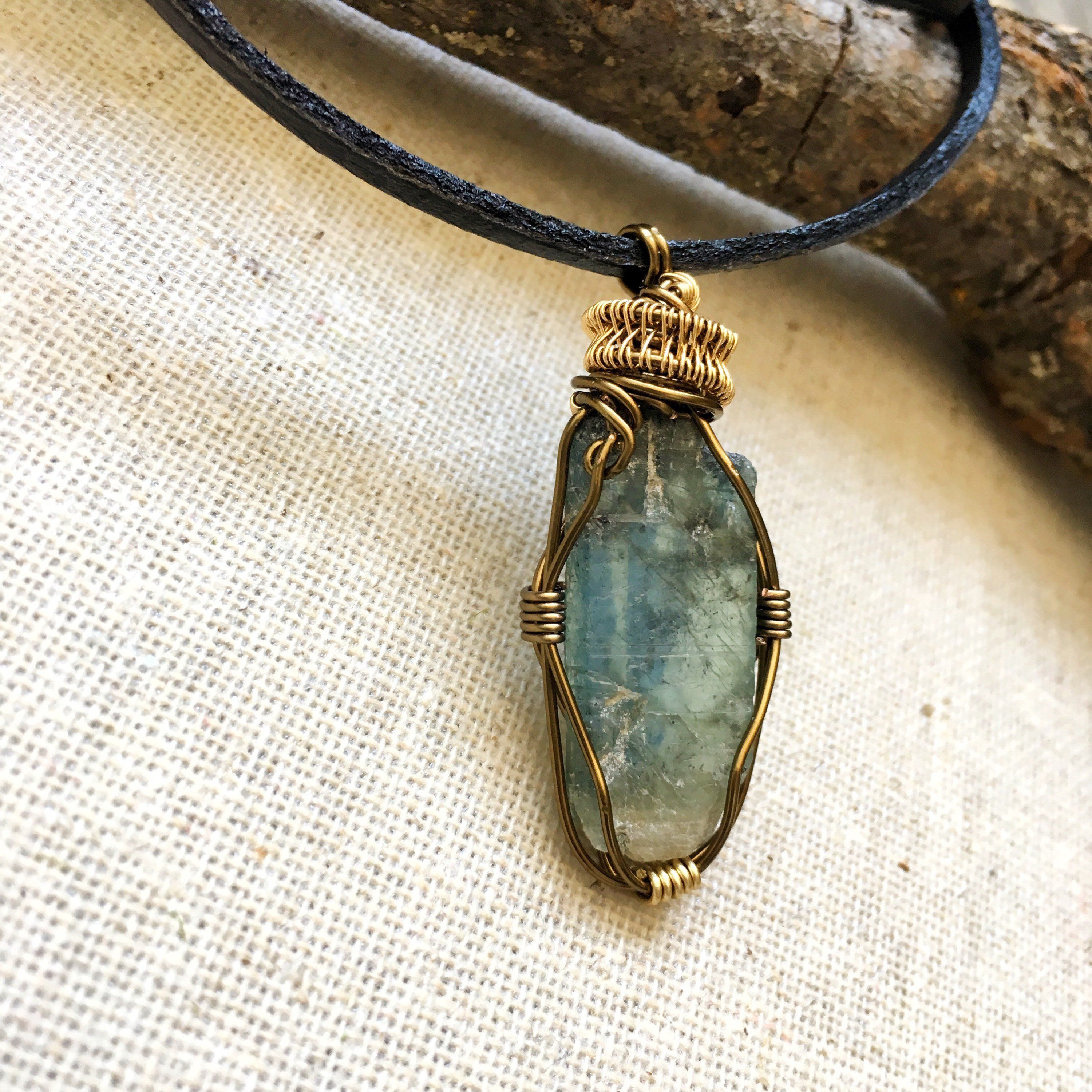 Handmade Gold & Antique Bronze Wire Wrapped Raw Green Kyanite Pendant Necklace - Natural Crystal Jewelry for Women, Boho Chic Gift, Spiritual Healing & Everyday Wear