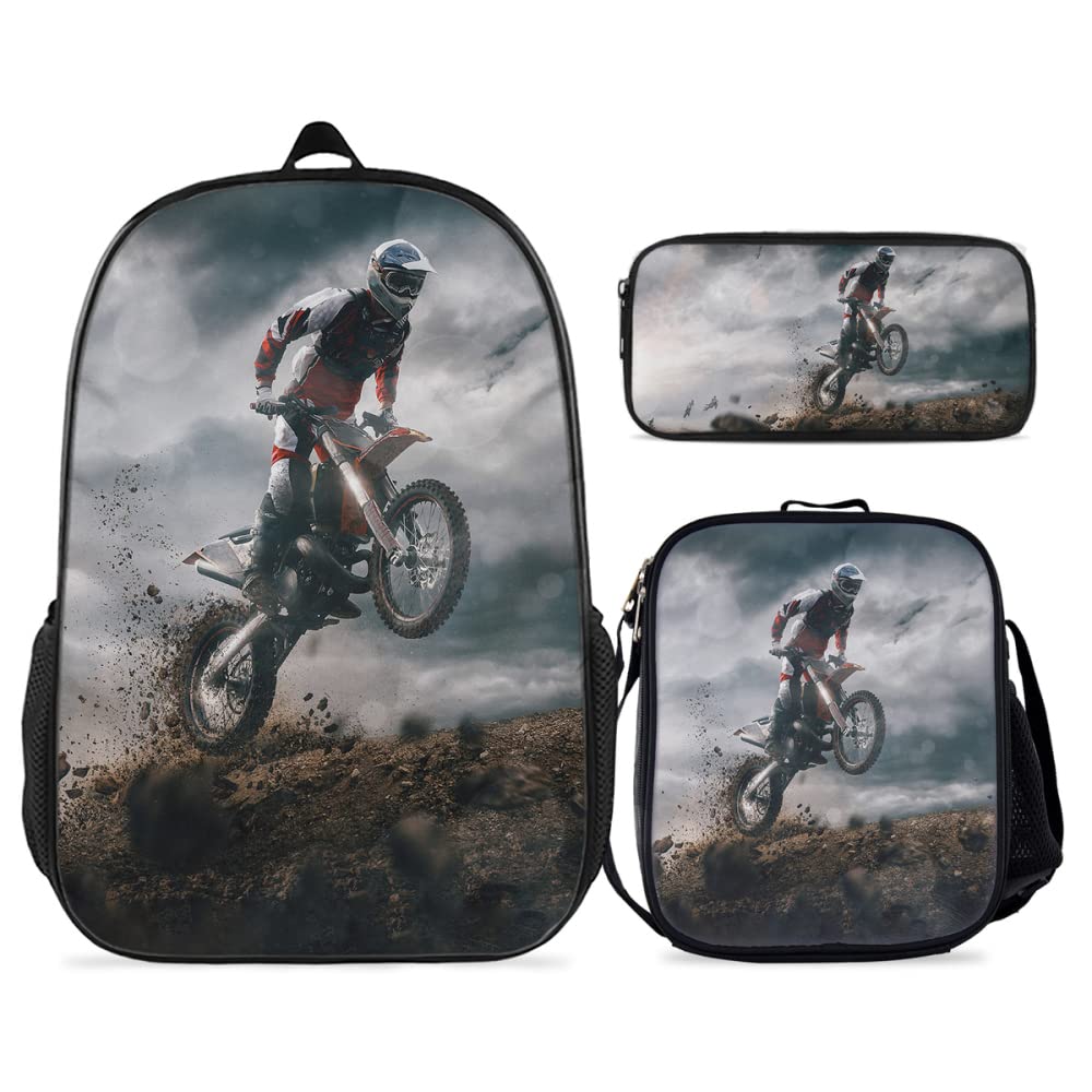 KXZOYLM Kids Dirt Bike Backpack Set - Cool Motorcycle Themed School Backpack for Boys & Girls, 3-Piece Bookbag with Lunch Box & Pencil Case, Durable Shoulder Bag for Teens - Perfect for School, Cycling, Outdoor Adventures & Daily Use