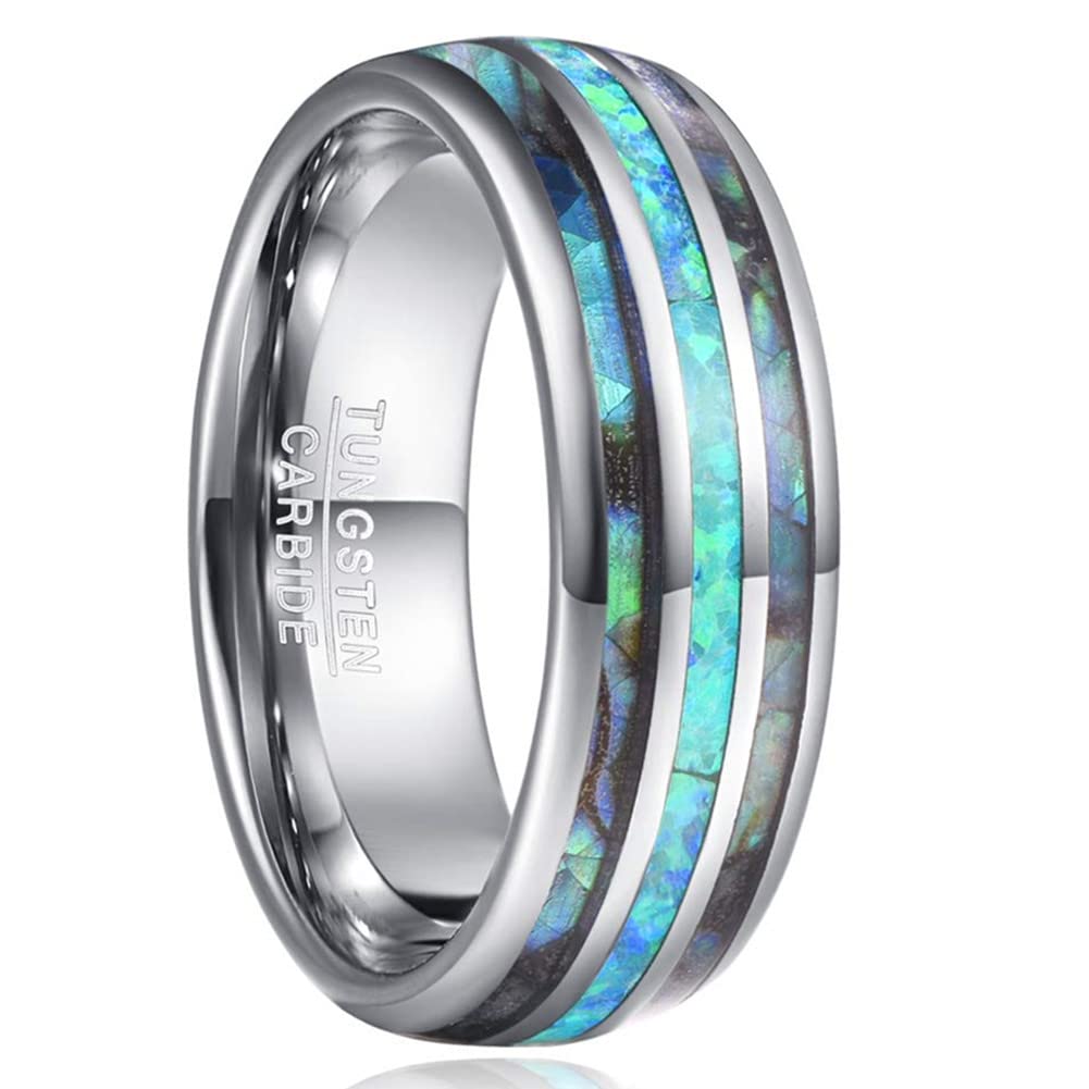 Men's Tungsten Wedding Band - 8mm Comfort Fit Ring with Genuine Blue/Green Opal & Abalone Shell Inlay - Size 7-12 - Durable Tungsten Carbide Engagement Ring for Men - Perfect for Weddings, Anniversaries, and Everyday Wear