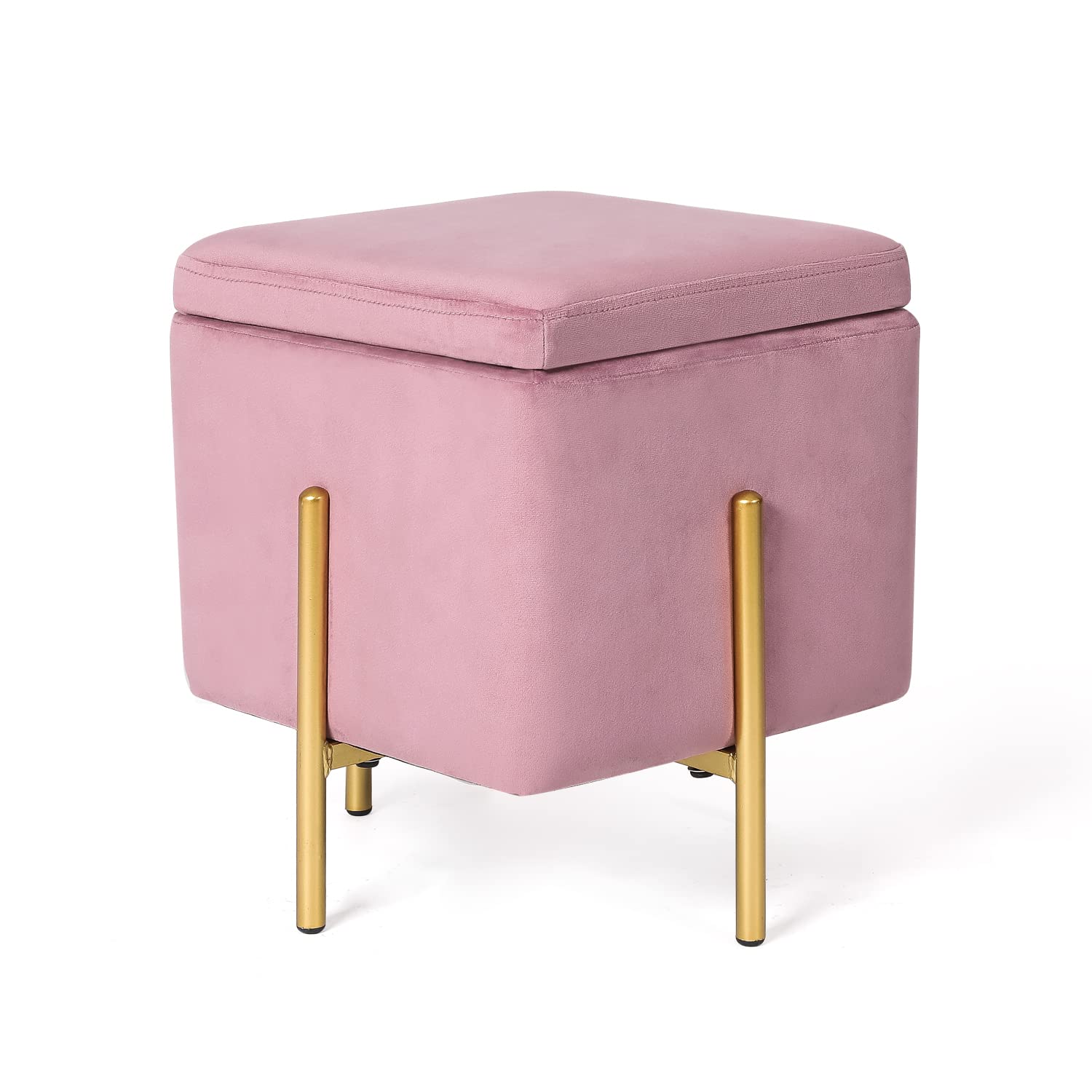 Adeco Pink Velvet Tufted Square Storage Ottoman - Modern Footrest with Hidden Storage for Living Room, Bedroom & Dorm | Small Couch Ottoman for Extra Seating & Organization