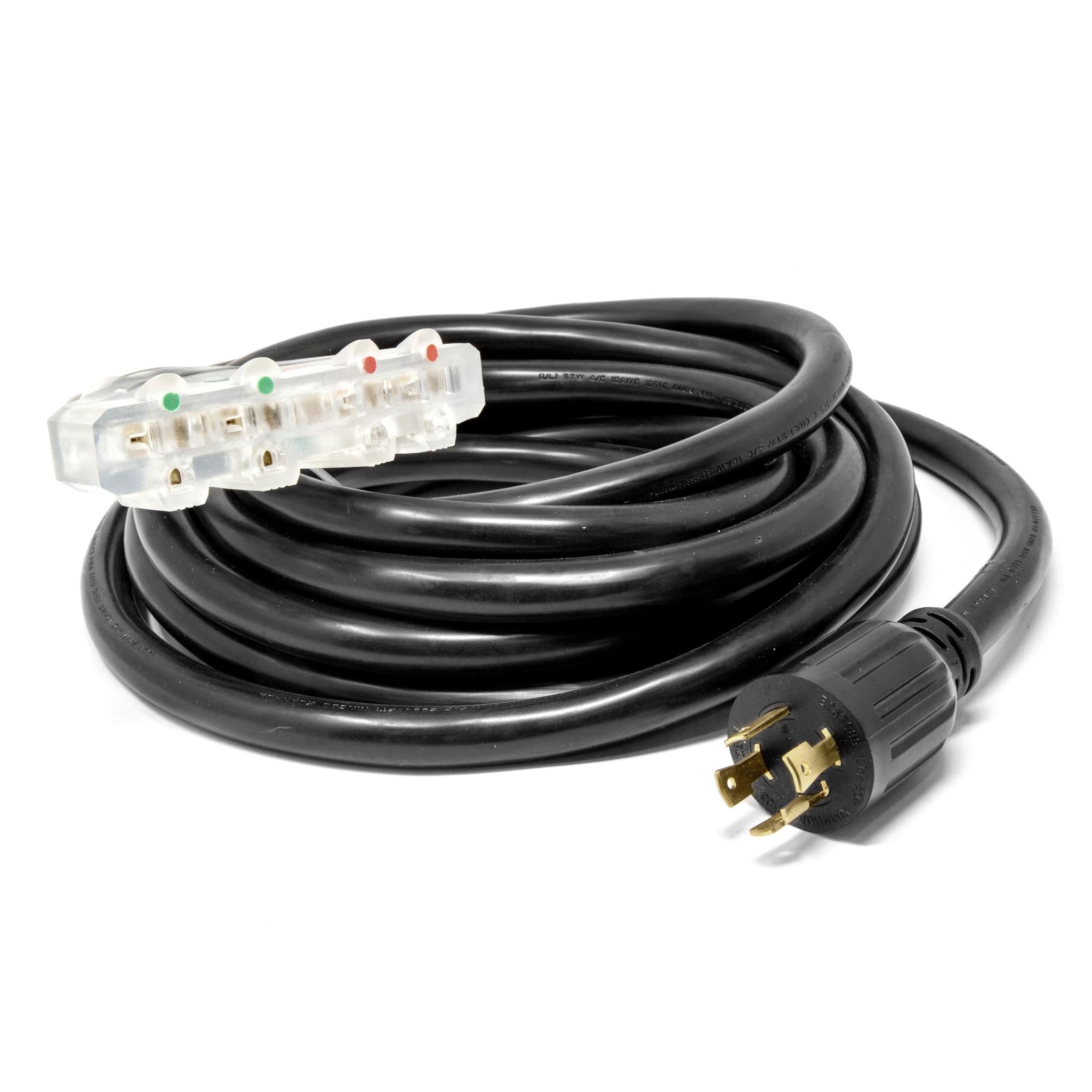 WEN PC2514 25 ft. 30 Amp 10 Gauge STW Generator Extension Cord - L14-30P to 4x 5-20R Outlets for Power Tools & RV Use