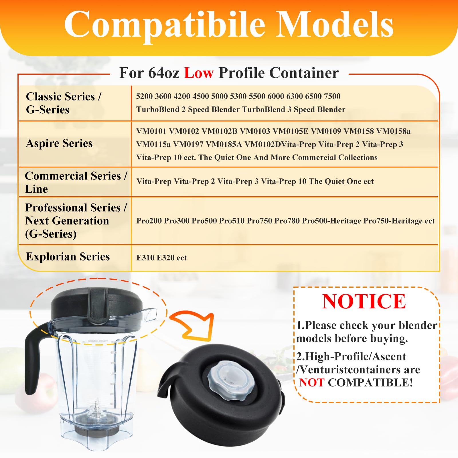 Vitamix Lid Replacement - 64oz Low Profile Container Lid Compatible with Vitamix Pro 750, 5200, 5300, 6500, 7500, VM0103, VM0197, E310, E320 - Perfect for Classic, Explorian, Propel & Commercial Series - Ideal for Smoothies, Soups & Food Processing