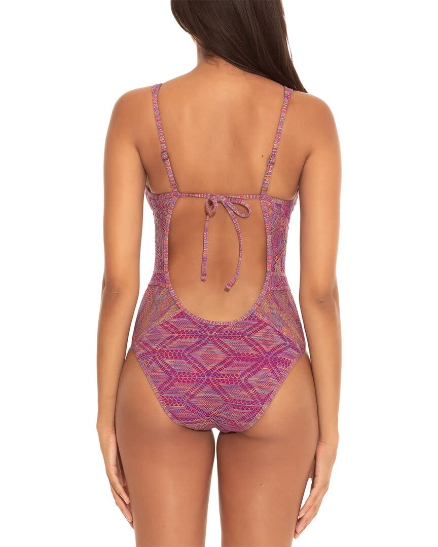 Becca by Rebecca Virtue Women's Mosaic Crochet Plunge One-Piece Swimsuit - Raspberry XS | Sexy Summer Beachwear for Pool Parties & Tropical Vacations
