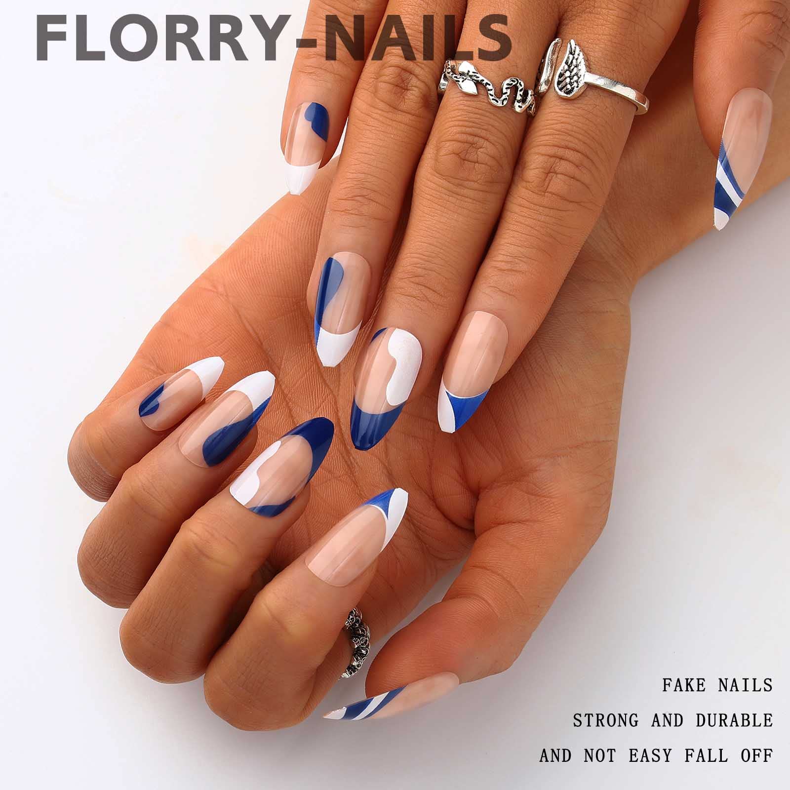 Florry Press on Nails - 24PCS Short Fake Almond French Tips Acrylic Nails, Glossy Full Cover Artificial Nails for Women and Girls | Perfect for Parties, Weddings, Daily Wear & Special Occasions